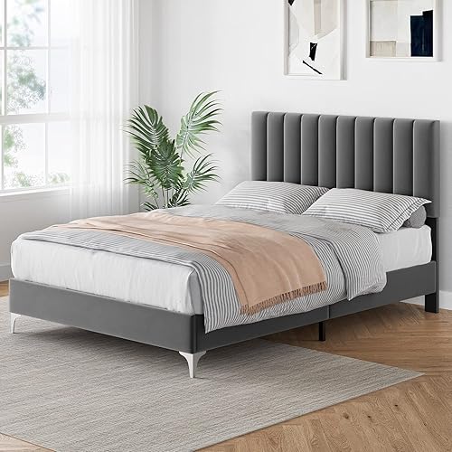 Miniatura 3 de IDEALHOUSE Base de cama de tamaño matrimonial con cabecera ajustable, plataforma tapizada de terciopelo con soporte de listones de madera, no