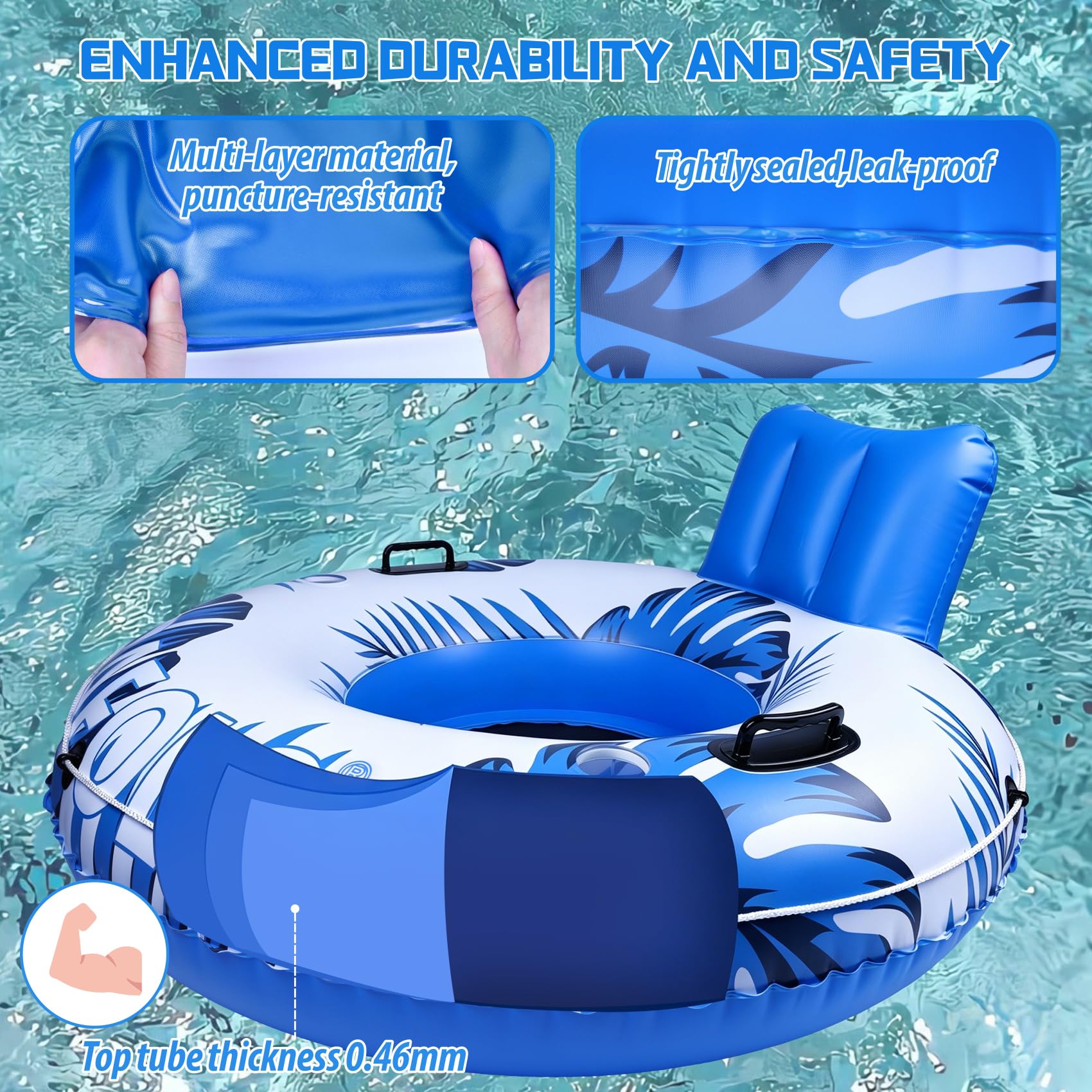 Flotadores de piscina para adultos, 53 pulgadas, 450 libras, tubos de río resistentes para flotar, resistentes con cuerda de agarre para reposacabezas, 2 portavasos y asiento de malla doble sellado