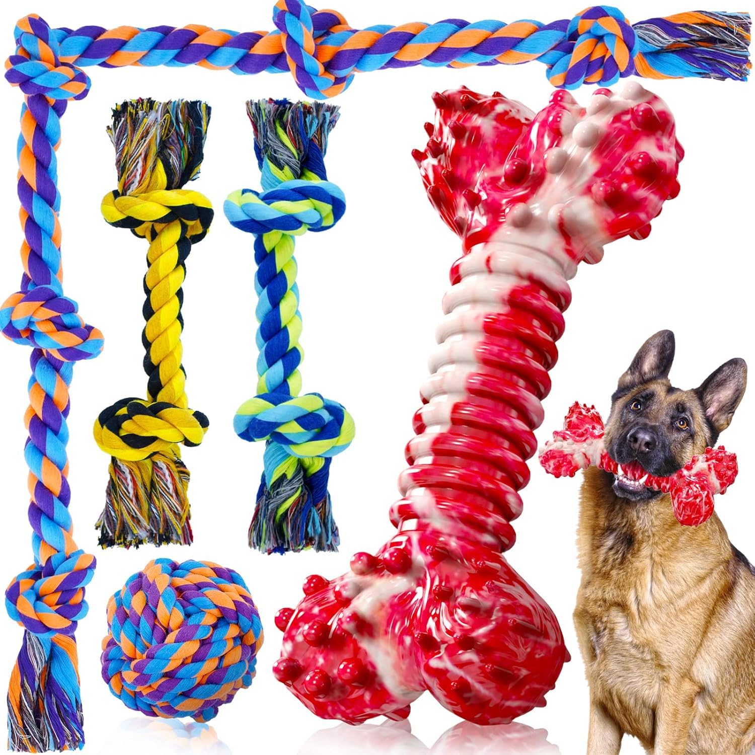 SHARLOVY 5 Pack Indestructible Dog Chew Toys with Cotton Rope and Nylon Bones