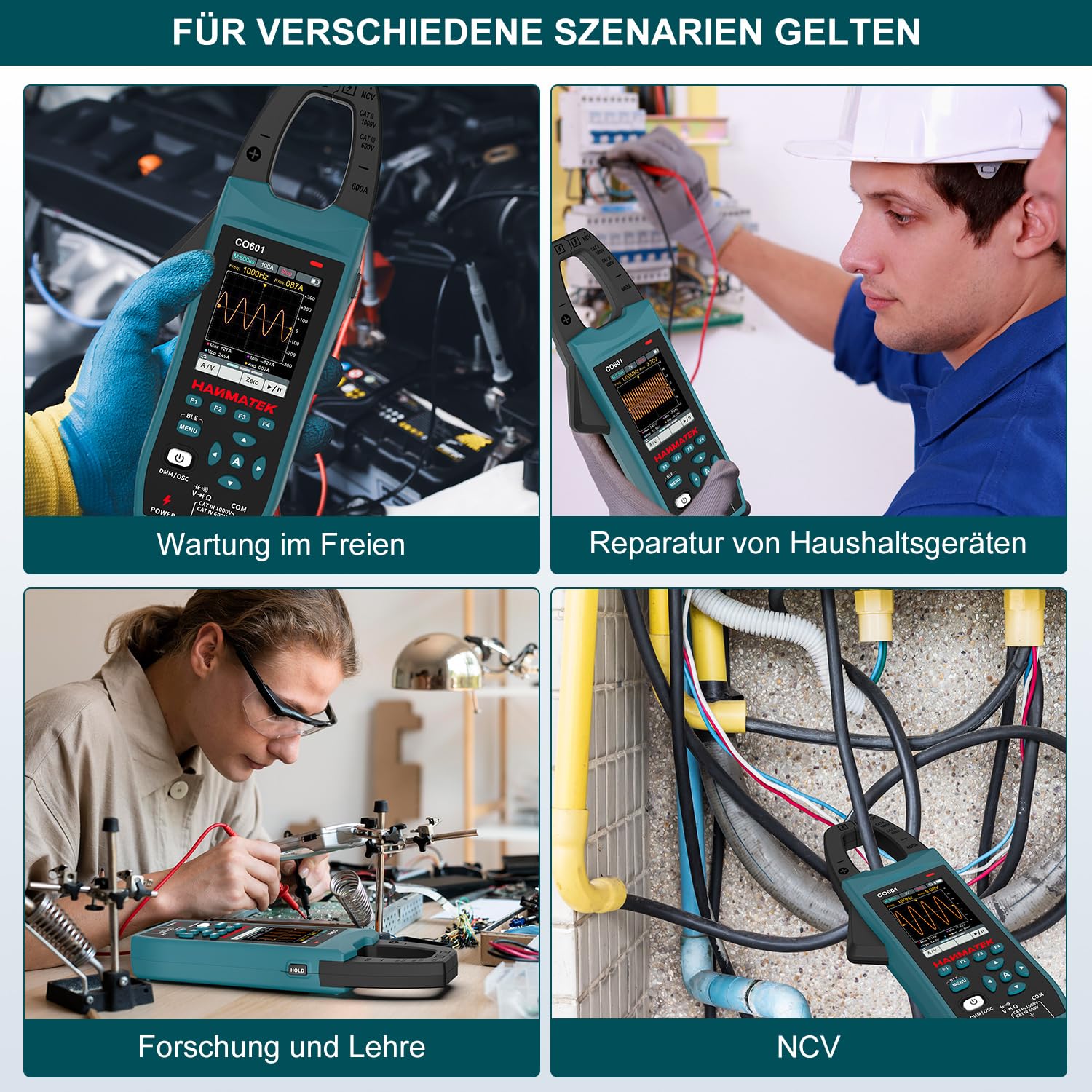 HANMATEK CO601 Zangenoszilloskop,5.0MSa/s,600A AC/DC Strommessung,1000V Spannungserkennung,Auto/Manuell Bereich, Datenaufzeichnung,NCV,Akku, APP