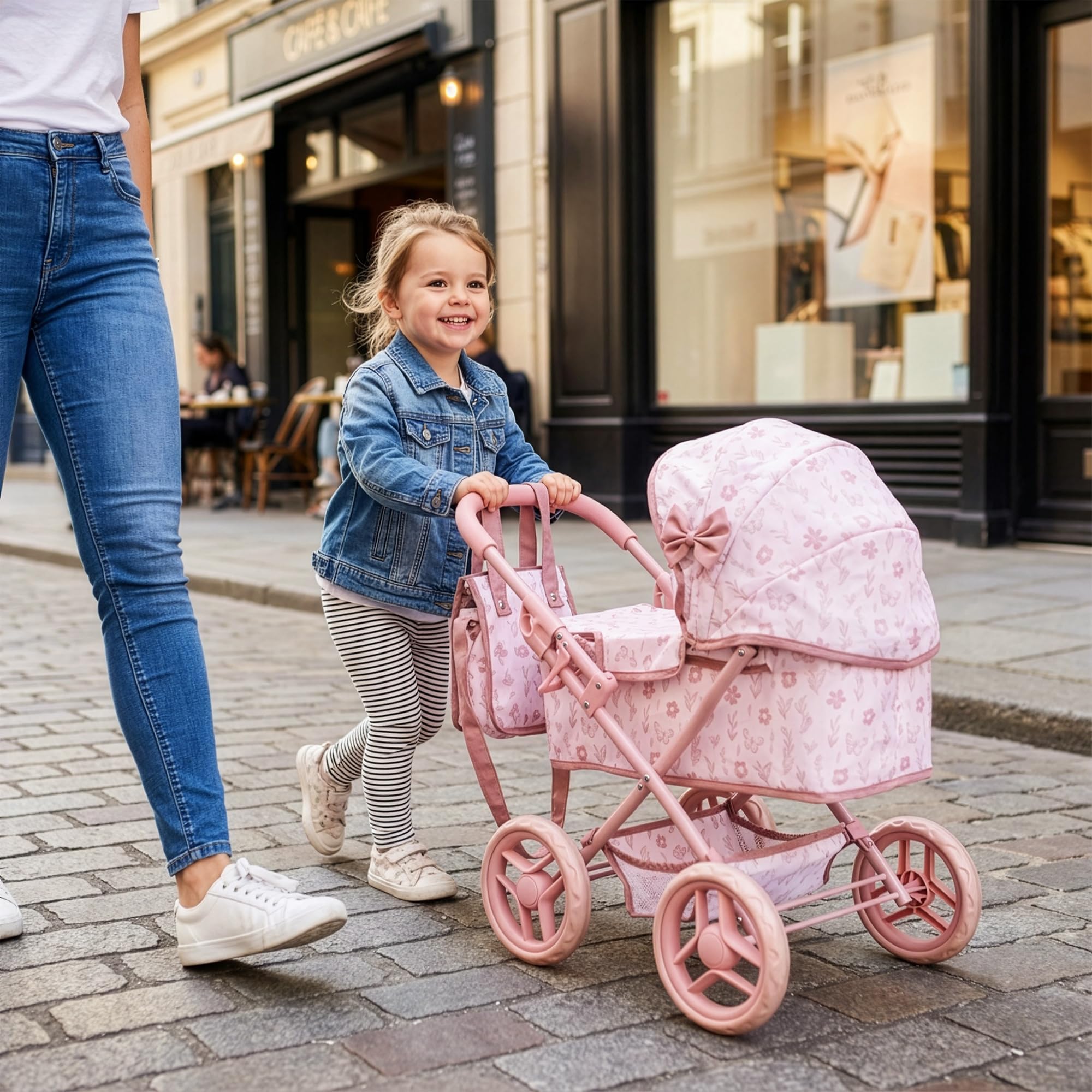 Kinderplay wózek dla lalek od 3 lat – Głęboka gondola z torbą i koszem – Lekka konstrukcja z cichymi piankowymi kołami – Wózek-zabawka dla lalek do 30 cm