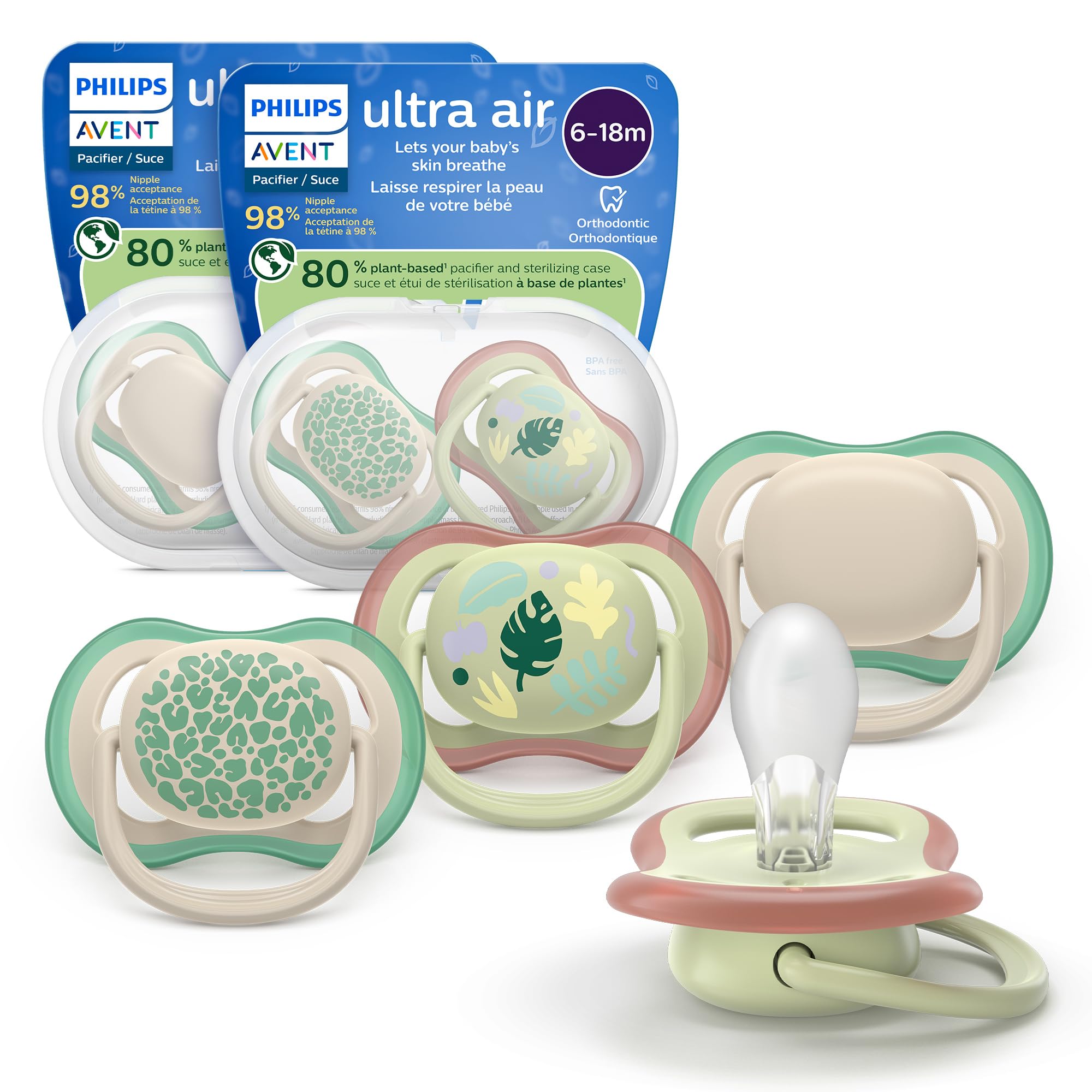 Philips Avent Ultra Air Pacifiers - Orthodontic Design, for Babies 6-18 Months, Soft Silicone Symmetrical Nipple, BPA-Free, 2 Sterilizing Cases, 4 Pack, SCF087/26