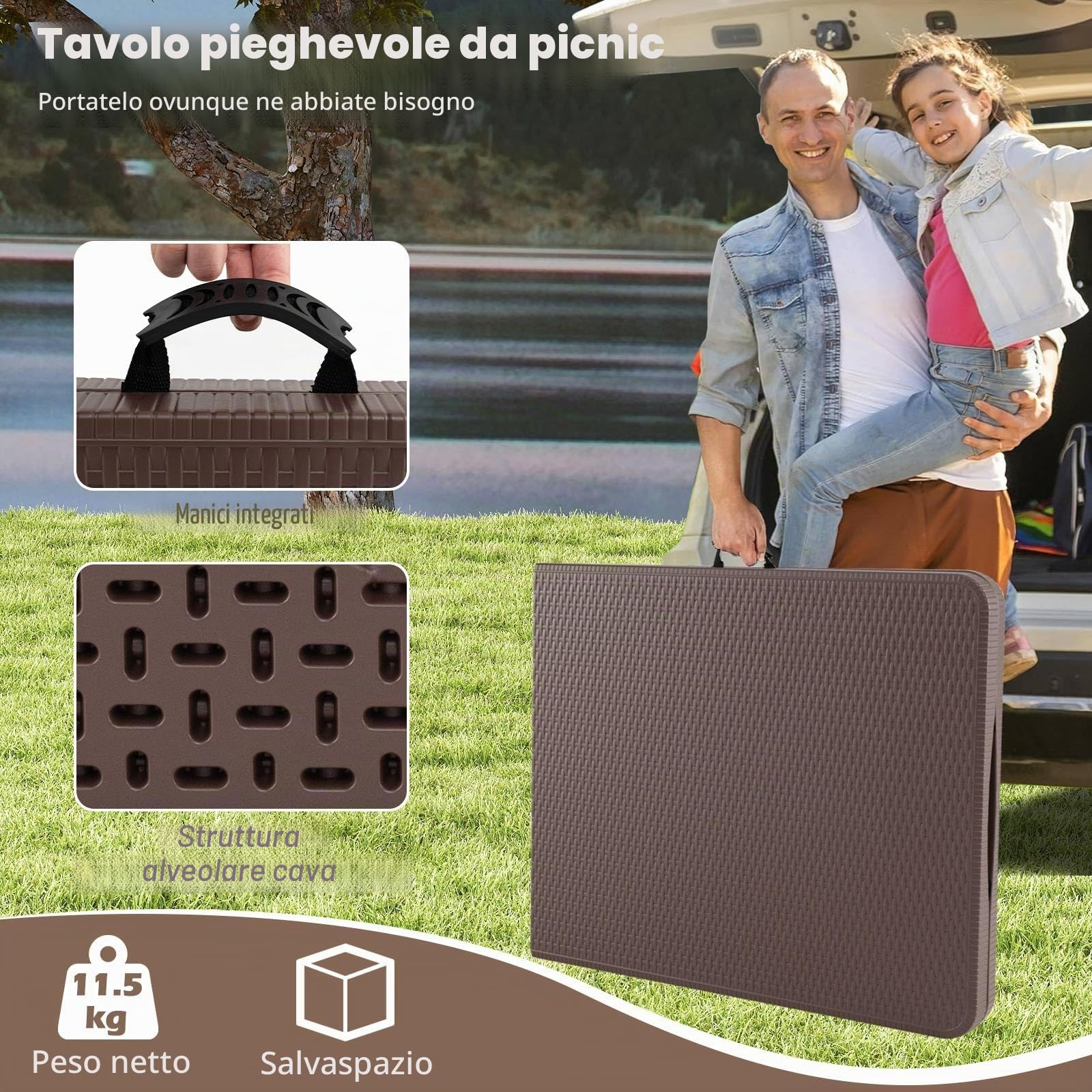 GIANTEX Tavolo da pranzo pieghevole in plastica, effetto rattan e gambe in metallo, 180 x 74 x 75 cm, tavolo portatile per campeggio, picnic, barbecue, giardino
