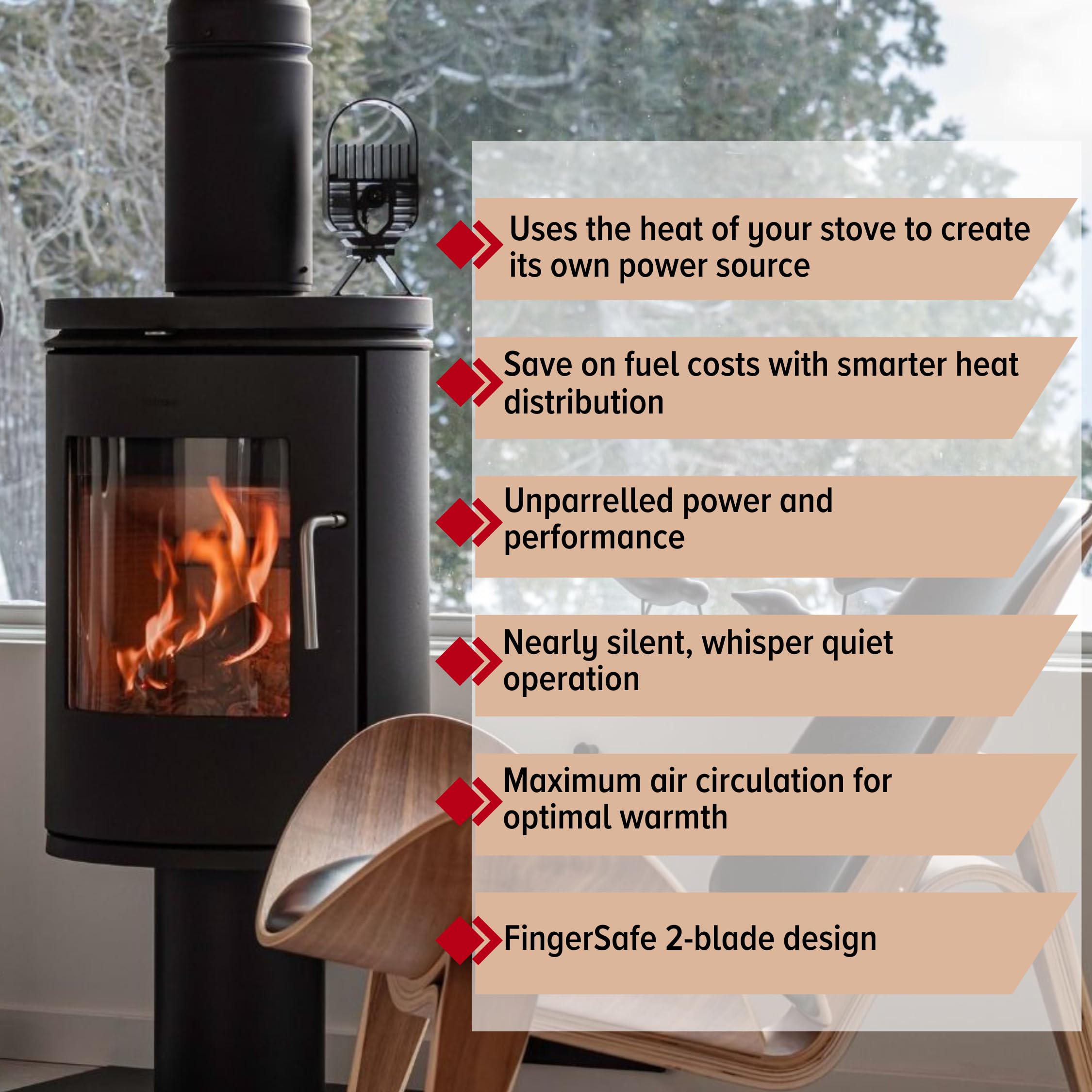 Ecofan AirDeco wentylator kominkowy na drewno, czarne ostrze