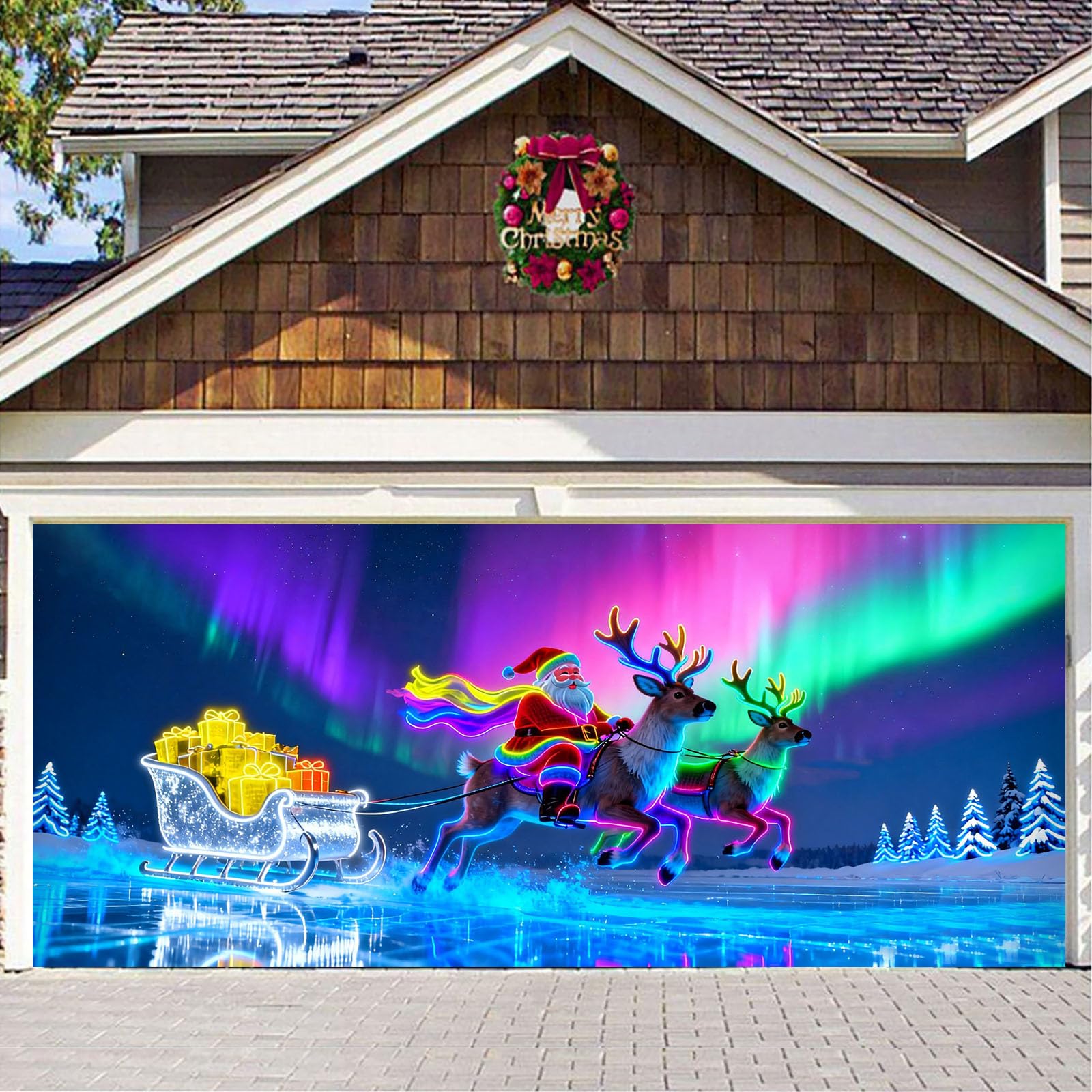 Cartel de graduación activado para puerta de garaje, luminoso, 2D, plano, para puerta de garaje, Papá Noel y patrones para fiestas en interiores y exteriores
