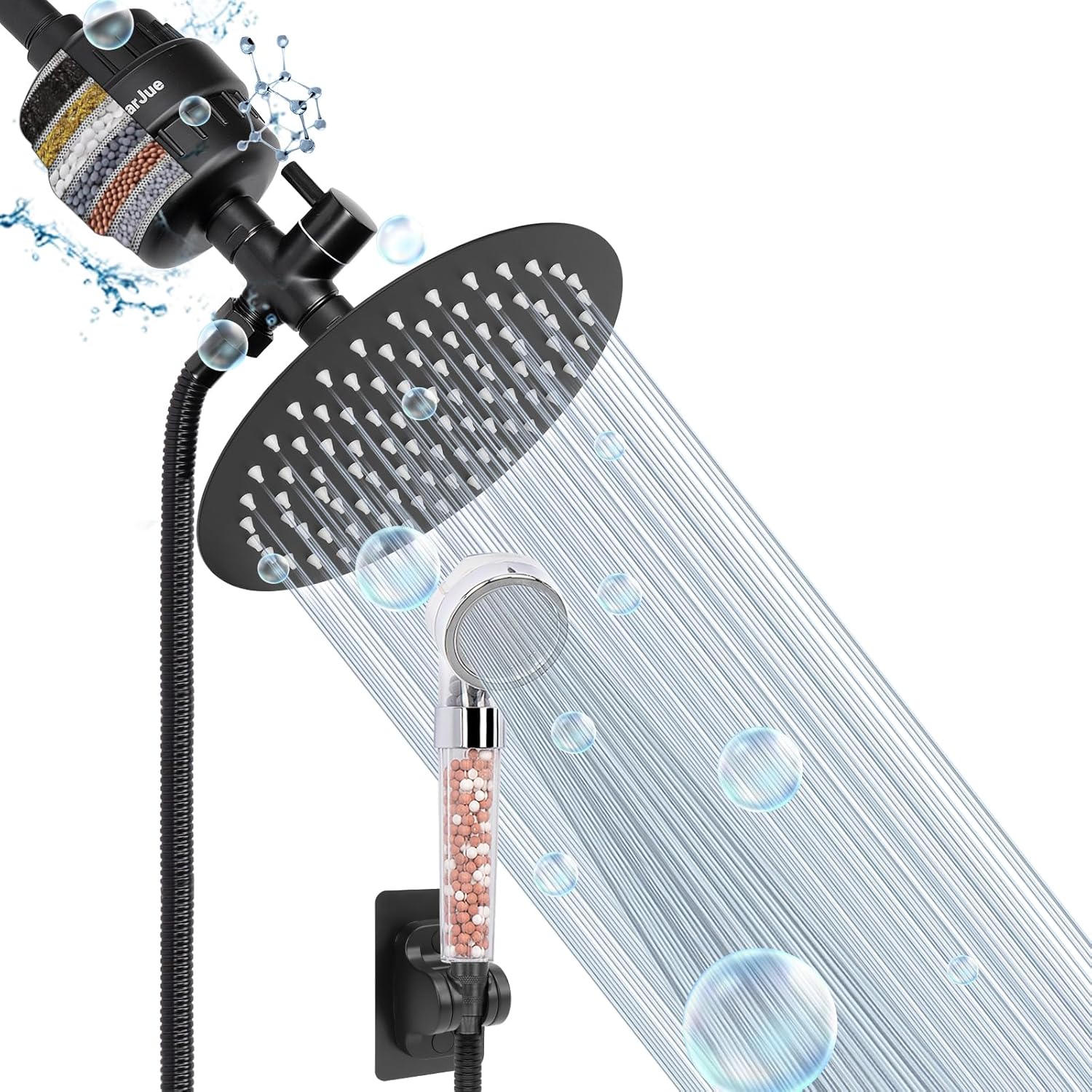 HarJue Filtered Shower Head, High Pressure 8? Round Shower with Filter Combo for Hard Water, Remove Chlorine Fluoride and Harmful Substances- 1 Replaceable Filter Cartridge, Matte Black