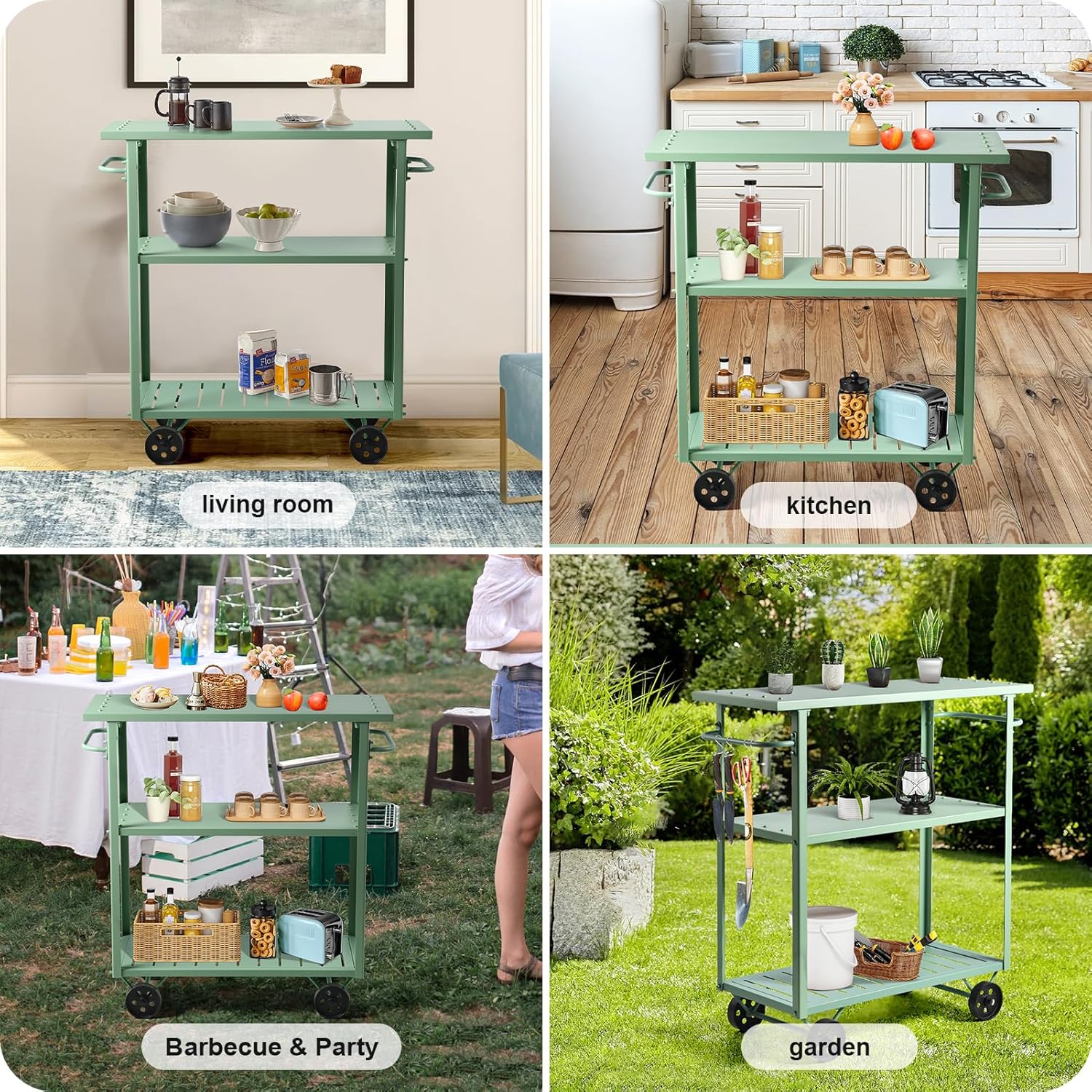 Three-Tiered Orange Metal Kitchen Cart | Movable with Wheels, Suitable for Home Kitchens, Dining Rooms, or Parties | Convenient for Storing Food（Fresh Green）
