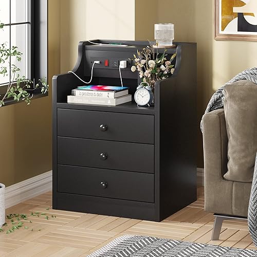 Miniatura 5 de ADORNEVE Juego de 2 mesitas de noche, mesita de noche gris con estación de carga y gabinete, mesitas de noche para dormitorios, juego de 2, mesita