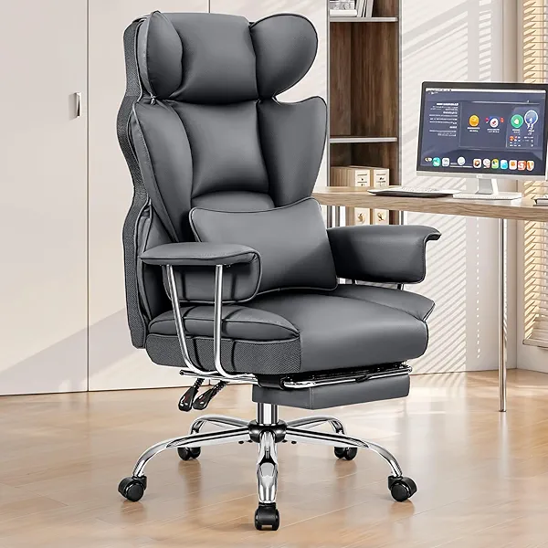 BESTFAIR Office Desk Chair, Big and Tall Executive Office Chair with Footrest, Leather Computer Chair, Ergonomic Reclining Chair High Back with Lumbar Support, Large Home Office Chair, Grey