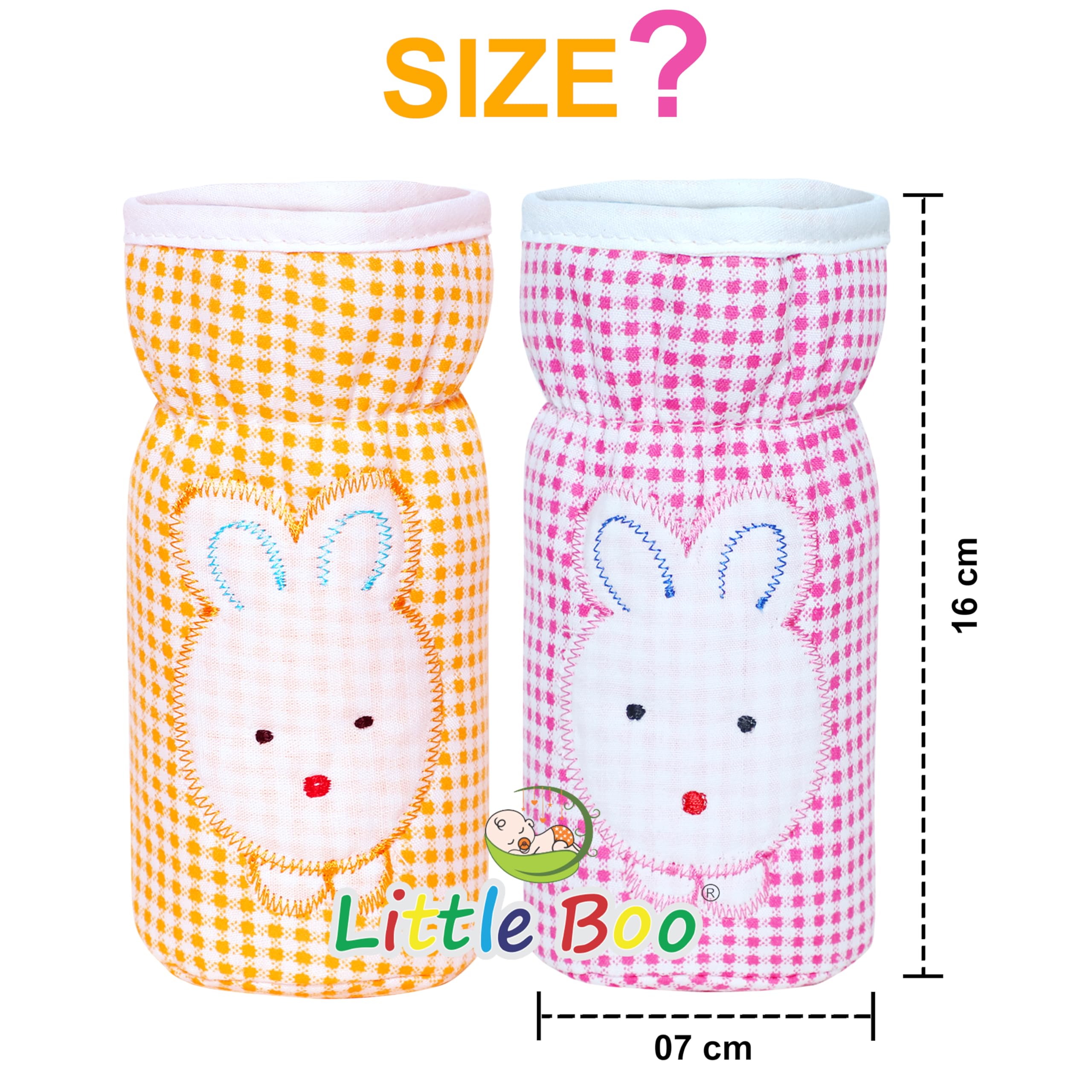 Little Boo Soft Plush Stretchable Baby Feeding Bottle Cover with Easy to Hold Strap | Check Design Cotton Pack of 2 (Pink and Orange,Narrow Neck Fits Upto 150ml) - Image 4 thumbnail
