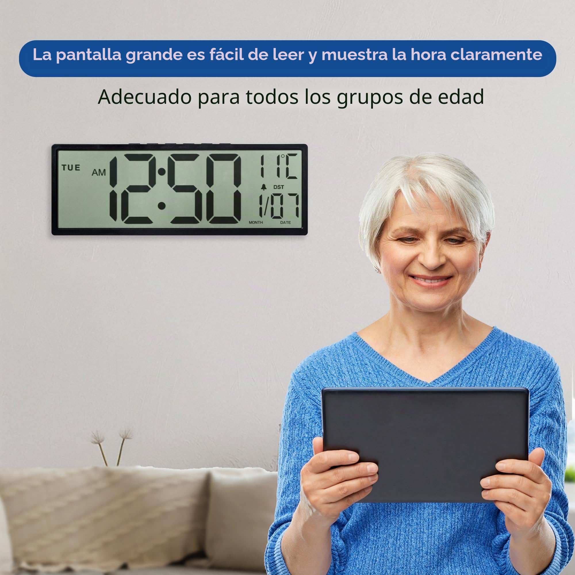Maxstar 15” Gran Reloj Digital de Pared, baterías, Auto DST, Temperatura, Fecha, Relojes de Pared para Sala de Estar, Dormitorio, Cocina, decoración de Escritorio, Lectura fácil para Ancianos