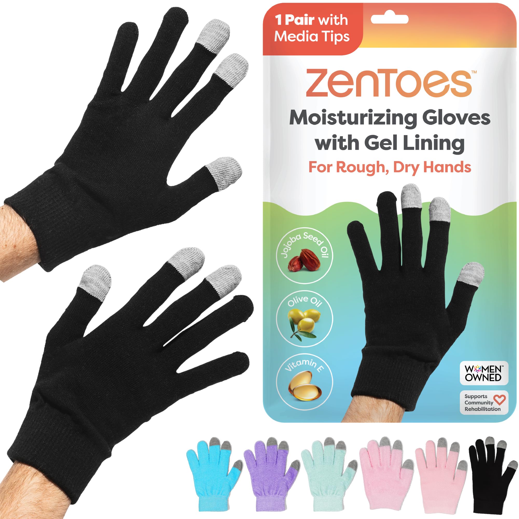 ZenToes Moisturizing Gloves for Dry Hands, Gel Infused with Jojoba Seed Oil, Olive Oil and Vitamin E, Overnight Hand Moisturizer (OSFM, Cotton Black)