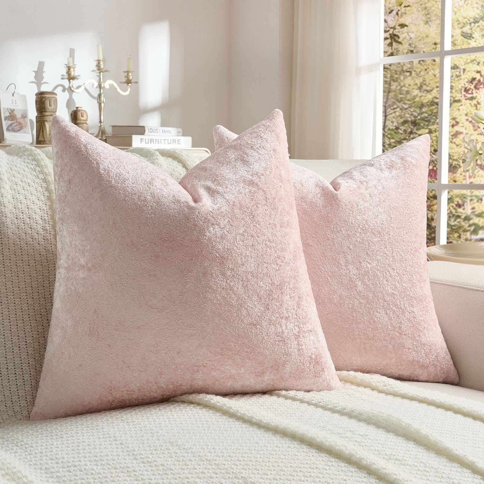 FUTEI Set of 2 Soft Flannel 40x40 cm Cushion Covers Crushed Textured Solid Scatter Pillow Covers 40 x 40 cm Modern Accent for Sofa Bedroon Living Room, Pink — image 1