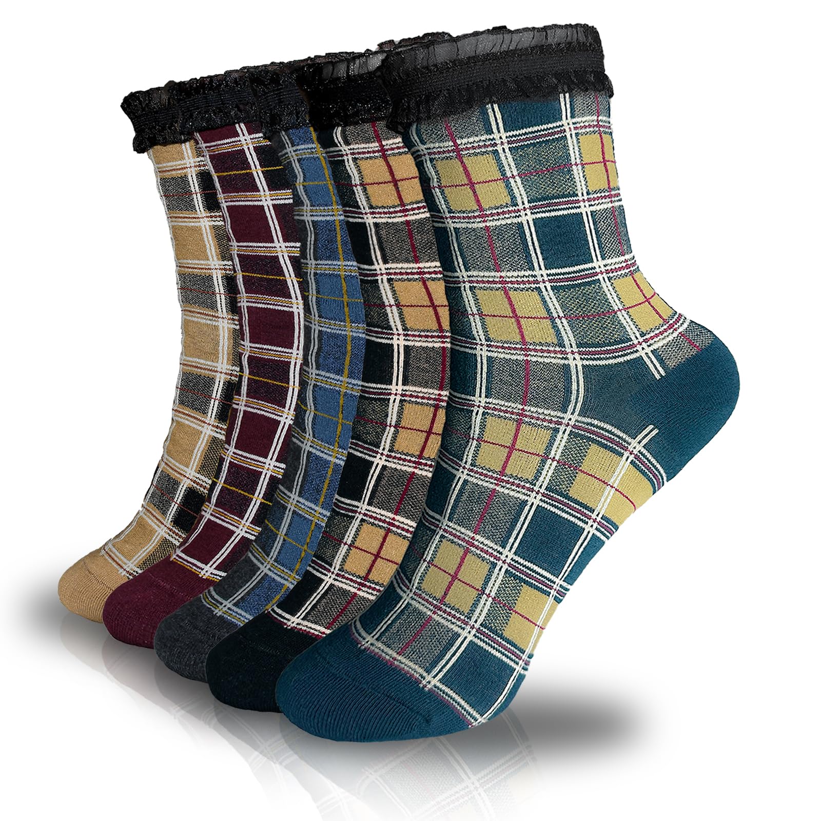 Ao Yee ZGL 5 Pairs Women's Floral Cotton Vintage Pattern Crew Novelty Ankle Ruffle Warm Casual Dress Socks