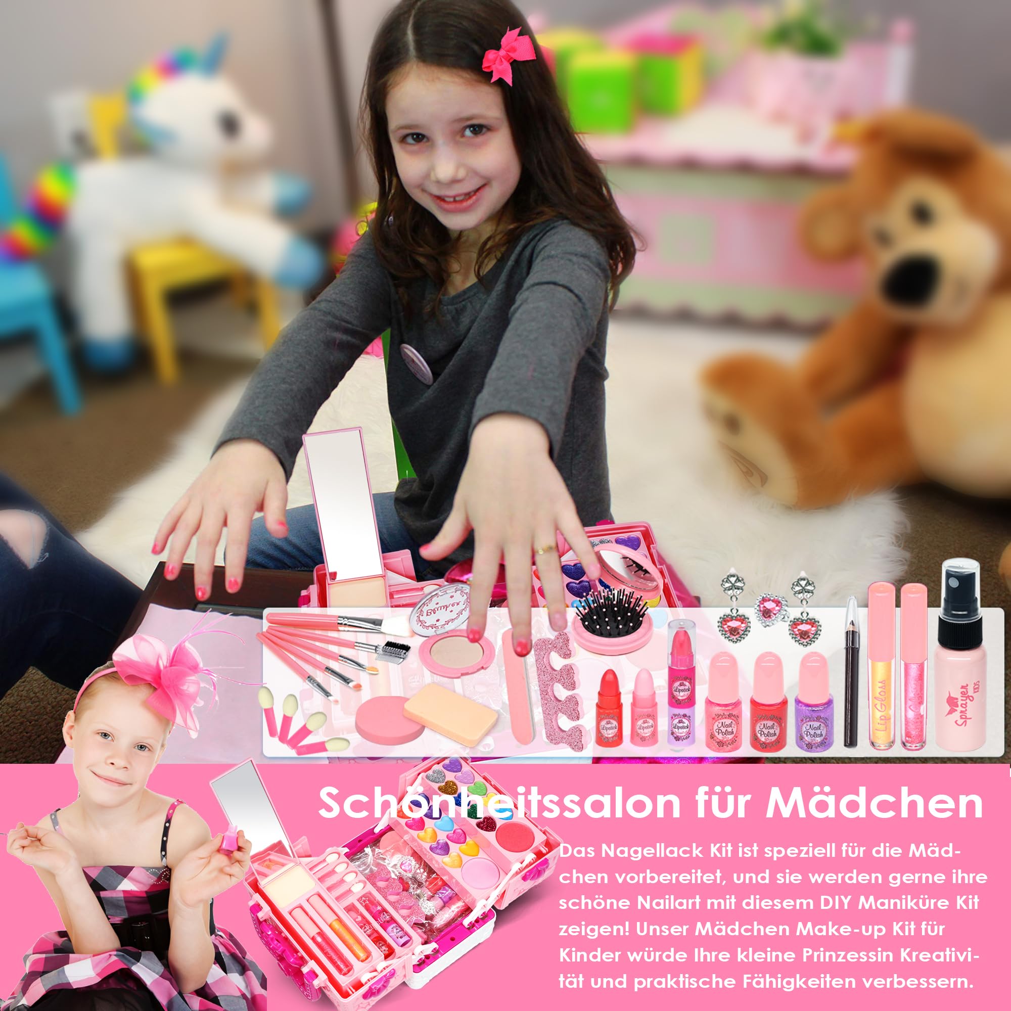 Amerrly Trucchi Bambina Regali Natale - 54 PZ Sicuro e Lavabile Trucchi Bambina Anallergici, Valigetta Trucchi Bambina, Ragazze Giocattoli Età 4-12, Principessa Giocattoli Regali di Natale per Ragazze