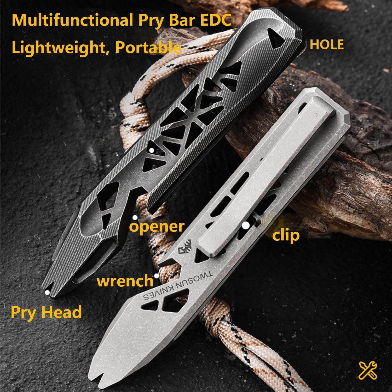 RIYI Titanium EDC pry bar, bottle opener keychain outdoor tool, multifunctional pocket pry bar, portable multifunctional tool. (Black)
