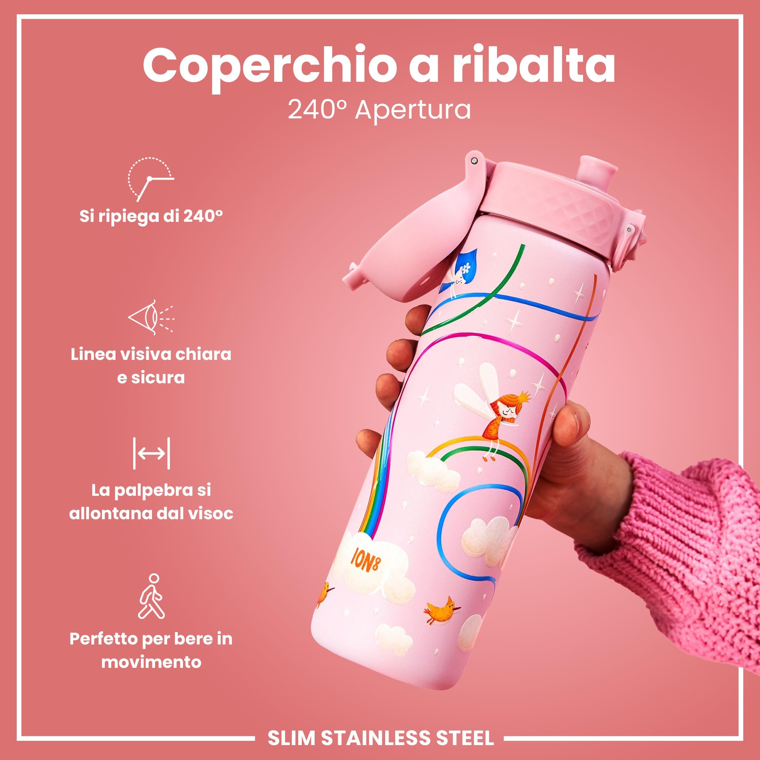 Ion8 Borraccia Inox Leggero, 600ml, Non Isolato, a Prova di Perdite, Facile da Aprire, Serratura Sicura, Lavabile in Lavastoviglie, Adatta a Portabicchieri, Durevole, Fate