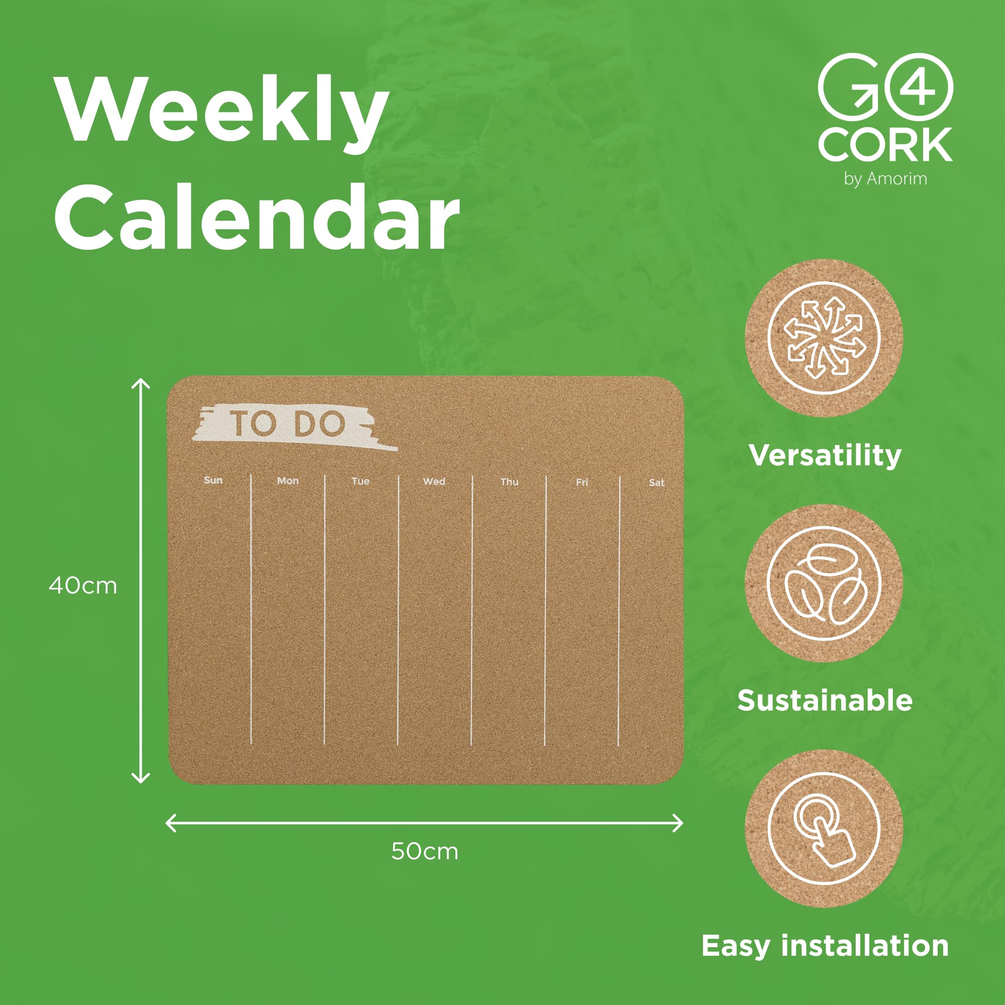Go4Cork Rectangle Frameless Premium Cork-Laminated Foam Core Weekly Calendar- 19.7" x15.7", Natural Cork - Image 2