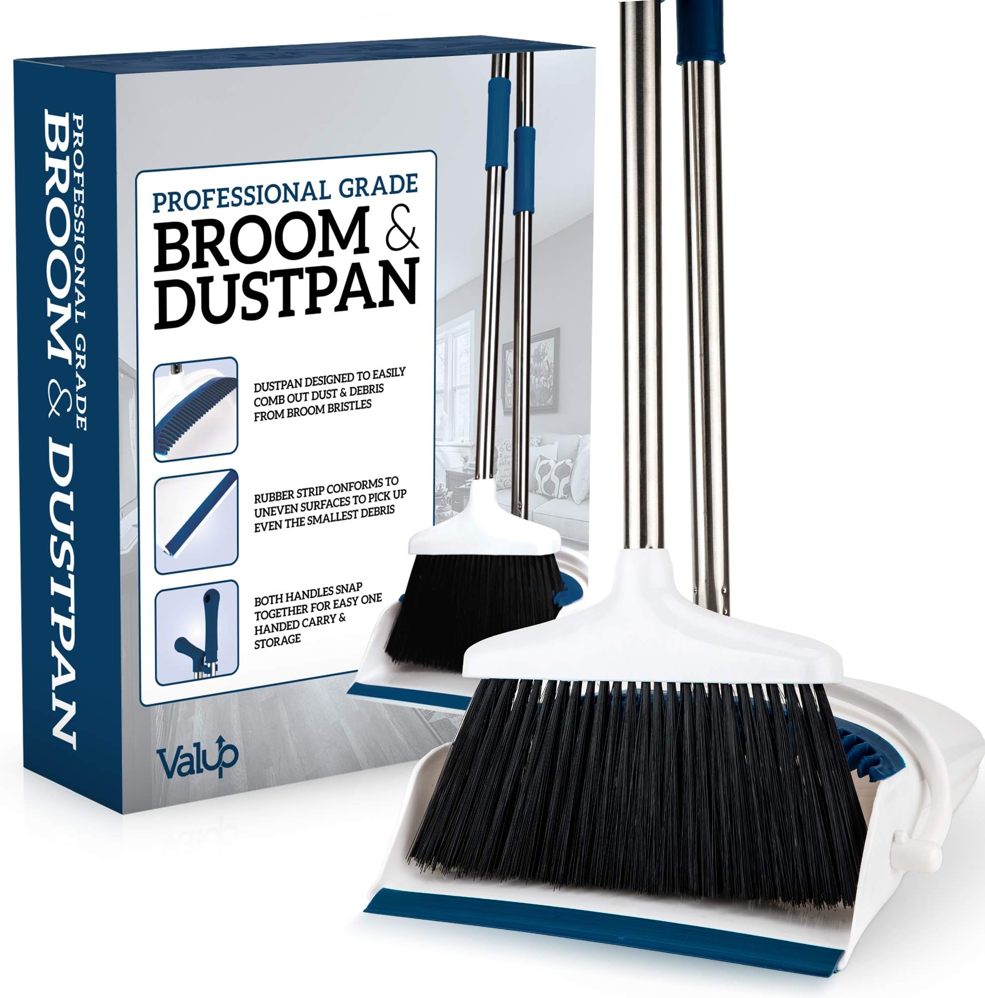 Valup Broom and Dustpan Set - Sturdy Long Handled Broom Dustpan Combo - Durable Kitchen, Lobby or Office Broom and Dust Pan Brush - Perfect Cleaning with Great Edge and Self Cleaning Bristles