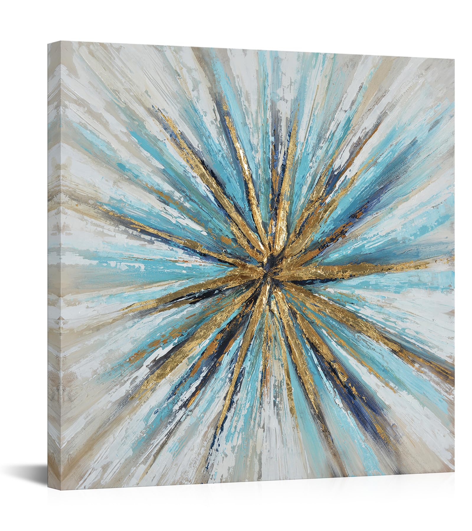 Canvbay Modern Abstract Canvas Wall Art Teal and Gold Foil Textured Painting Artwork Contemporary Turquoise Square Print Poster Framed for Living Room Office Home Decor Ready to Hang 24x24inch