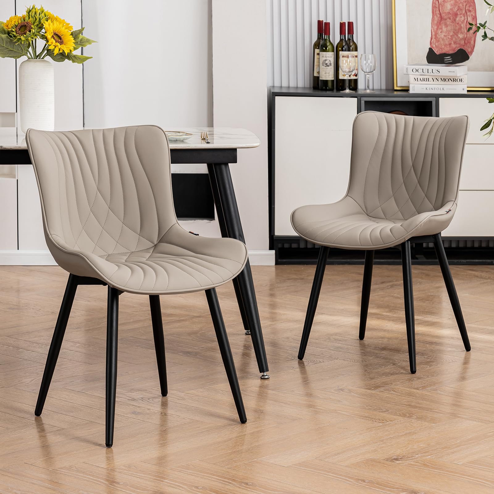 YOUTASTE Esszimmerstühle 2er Set, Kunstleder & Lehne, Küchenstühle Khaki | Bequemer Polsterstuhl mit Metallbeine, Fischschwanz-Design, Essstühle für Esszimmer, Küche, Wohnzimmer