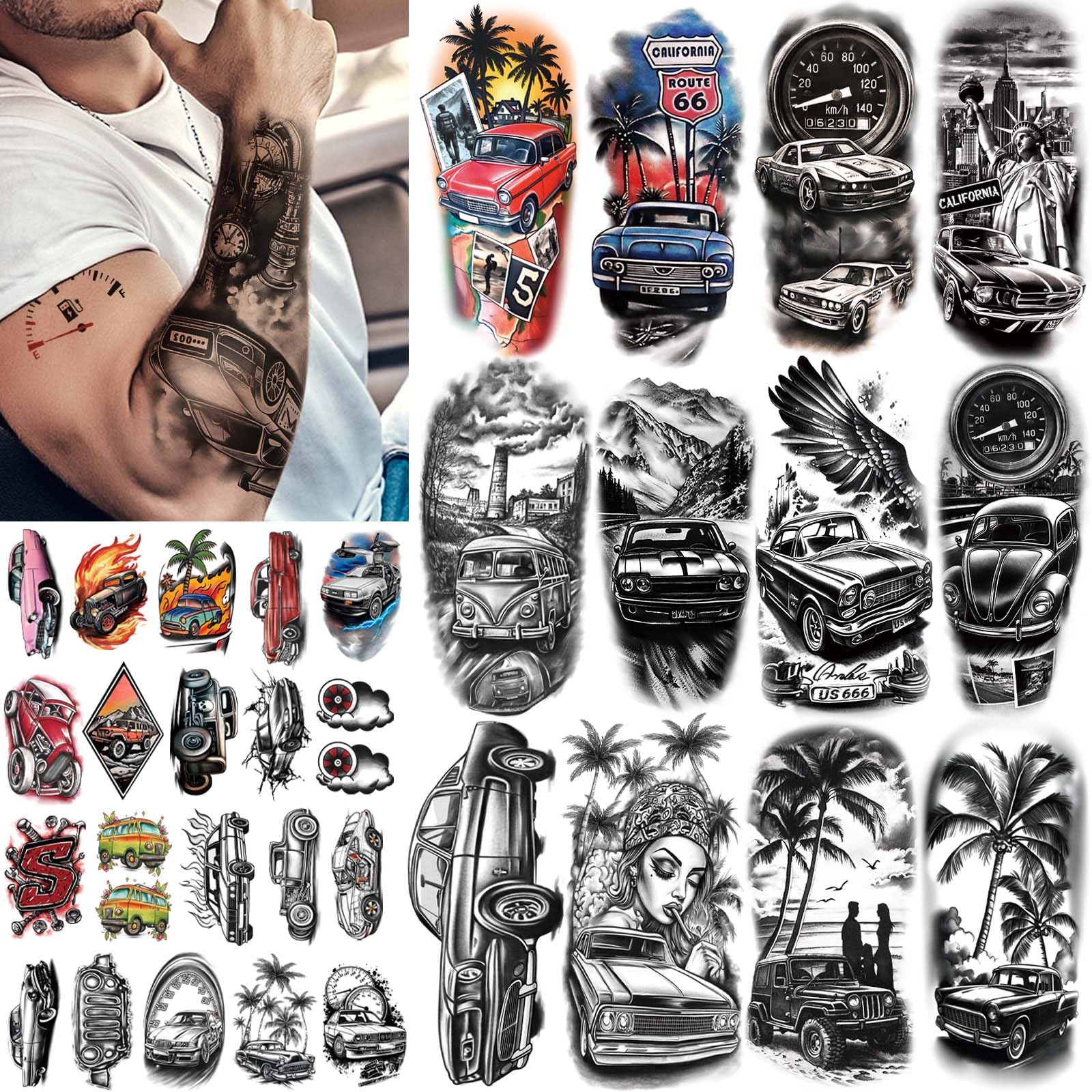 77 Sheets Cars Temporary Tattoo for Women Men, 17 Sheets Half Arm Race Car Fake Tattoos, 60 Sheets Black Holiday Truck Theme Tiny for Adult Kids Body