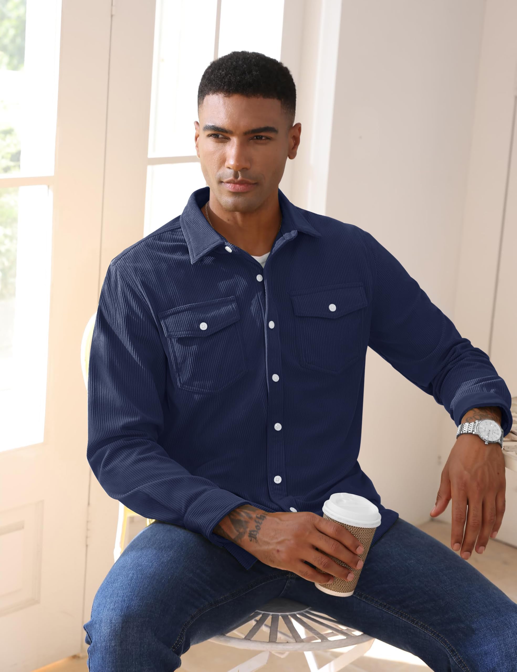 TACVASEN Camicia da uomo in velluto a coste a maniche lunghe giacca da uomo casual vestibilità regolare con bottoni e tasca con patta S-3XL