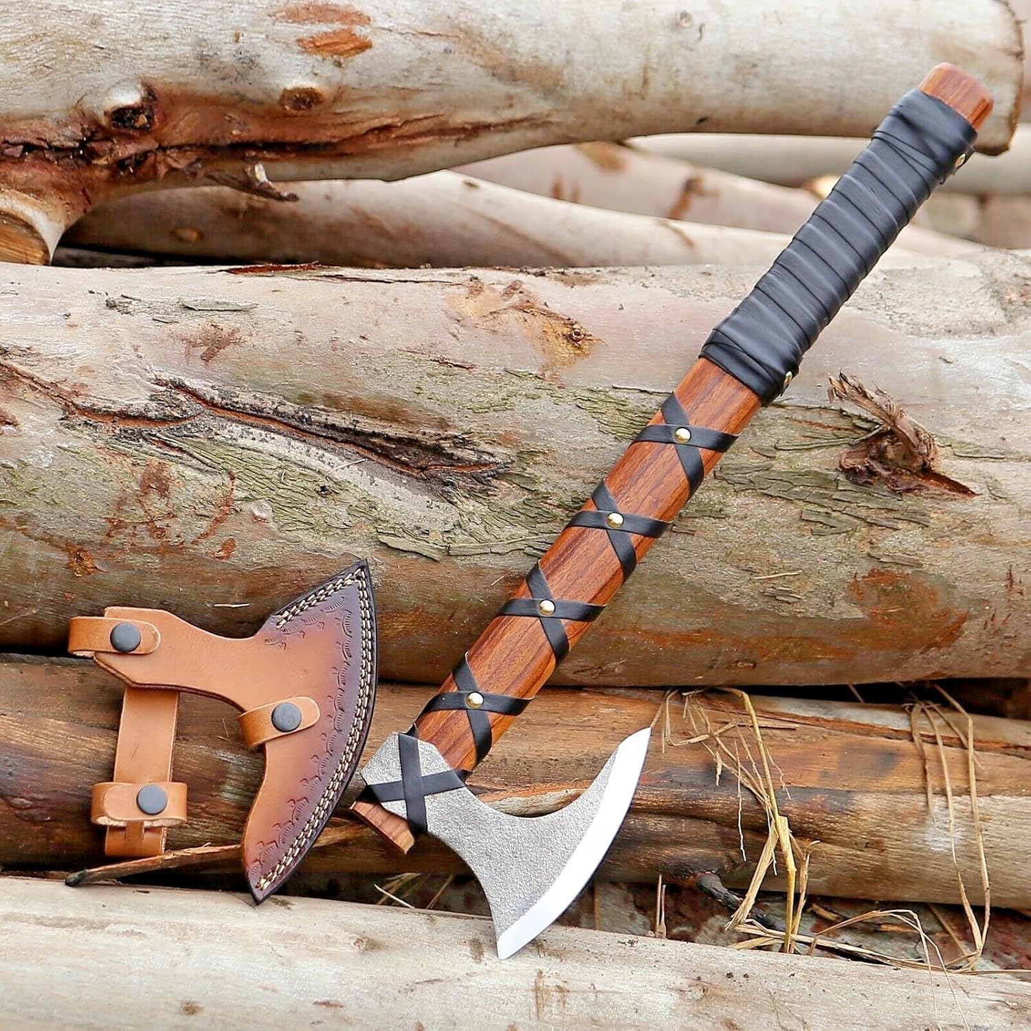 Wikinger Axt Ragnar – Handgeschmiedete Bartaxt aus Carbonstahl mit Rosenholzgriff & Lederscheide - Camping Beil, Outdoor Axt & Sammlerstück, Geschenk für Männer, with Leather Sheath