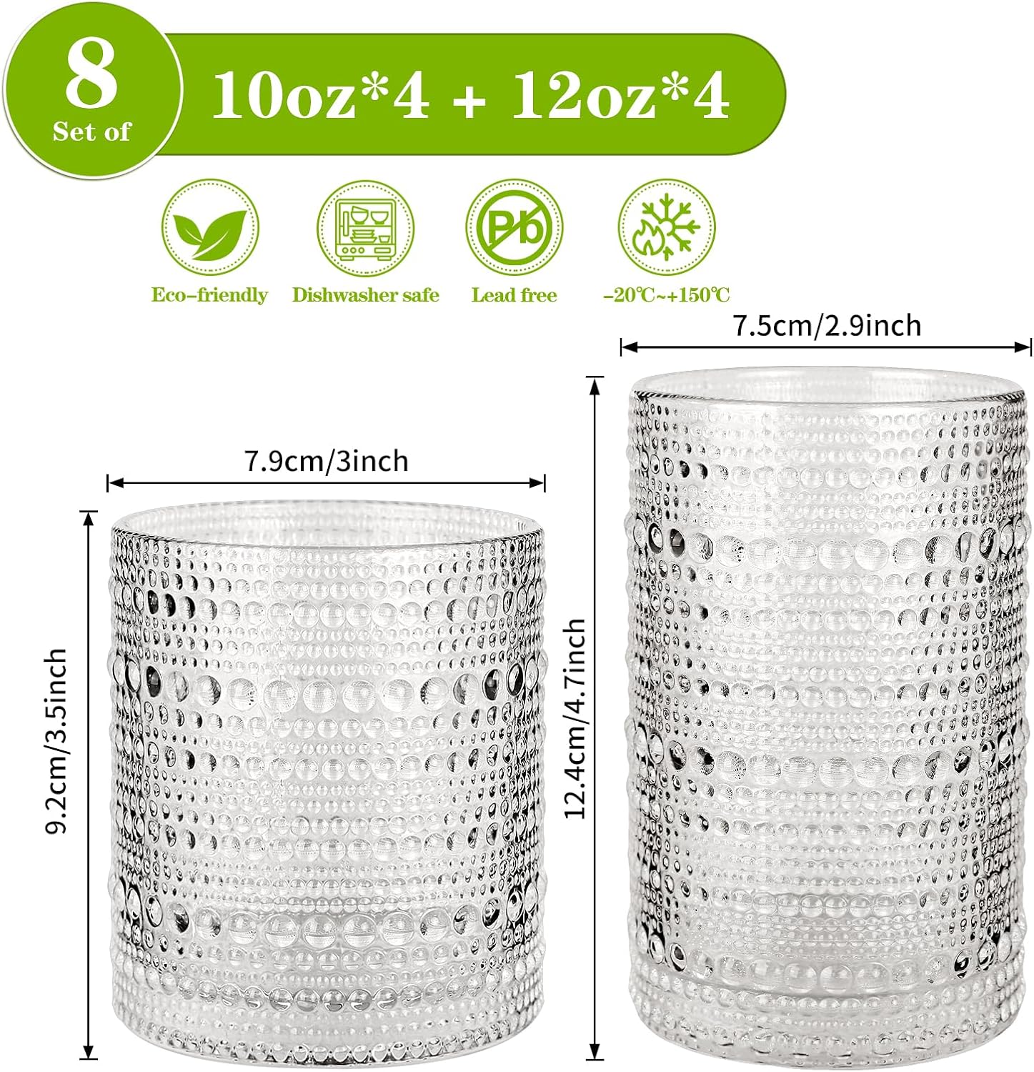 Hobnail Drinking Glasses Set of 8, 10 Oz Kitchen Water Glasses Cup & 12 Oz Vintage Cocktail Glasses Drinkware Set for Whisky, Juice, Wine, Milk - Image 2