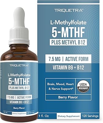 Organic L Methylfolate 7.5 mg Plus Methyl B12 Cofactor - Metabolically Active 5-MTHF Form, Superior Form of Folate - Organic Berry Flavor, Liquid Sublingual Form – Mood, Cognition, Methylation 1oz