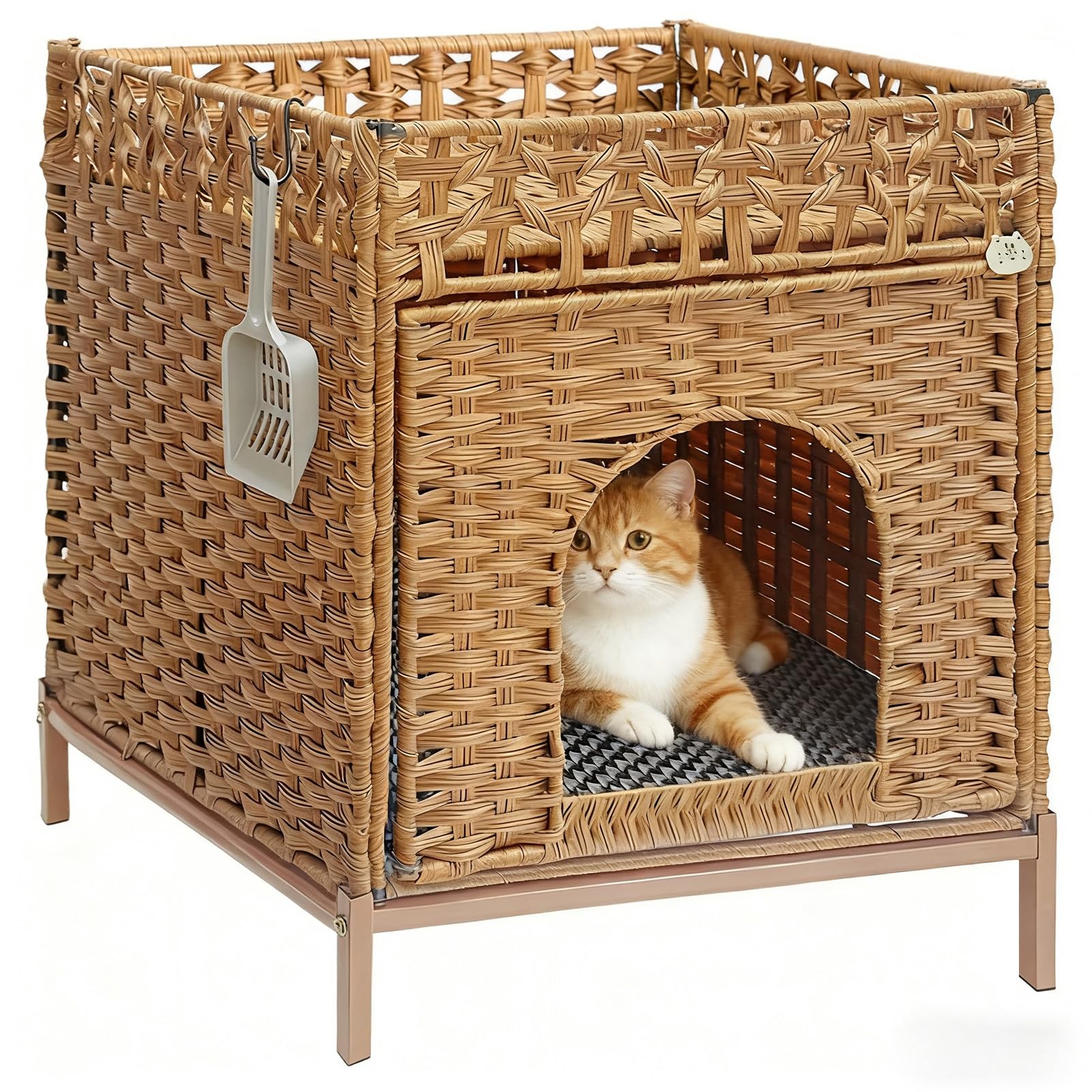 Homegroove Lettiera per gatti nascosta, con tappetino morbido e recinzione, comoda cuccia in rattan intrecciata a mano, con ganci a forma di S, per soggiorno, camera da letto (noce)