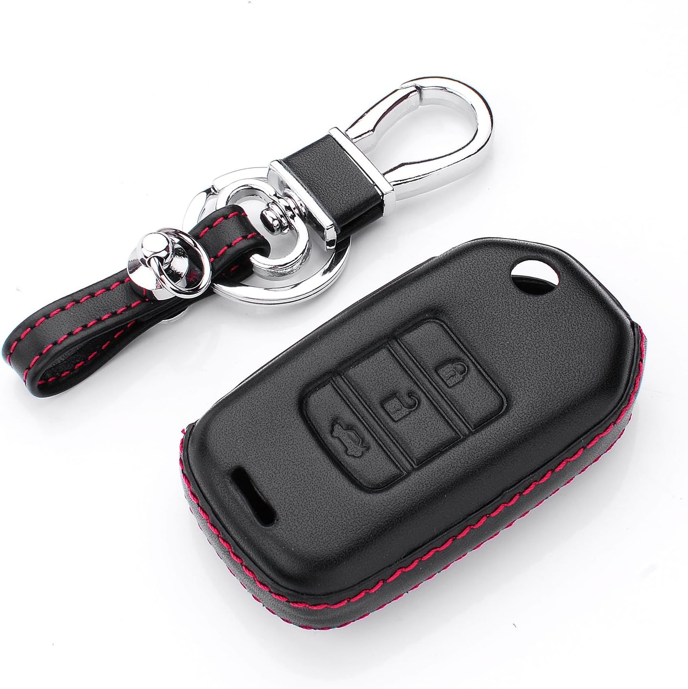 FLYFOX(TM) Genuine Leather Folding flip Key Fob case Cover Honda Civic Jade CR-V Accord Crider, Car Remote Key Pouch Bag Key Rings Kit Key Chain Keychain Holder Metal Hook (3buttons)