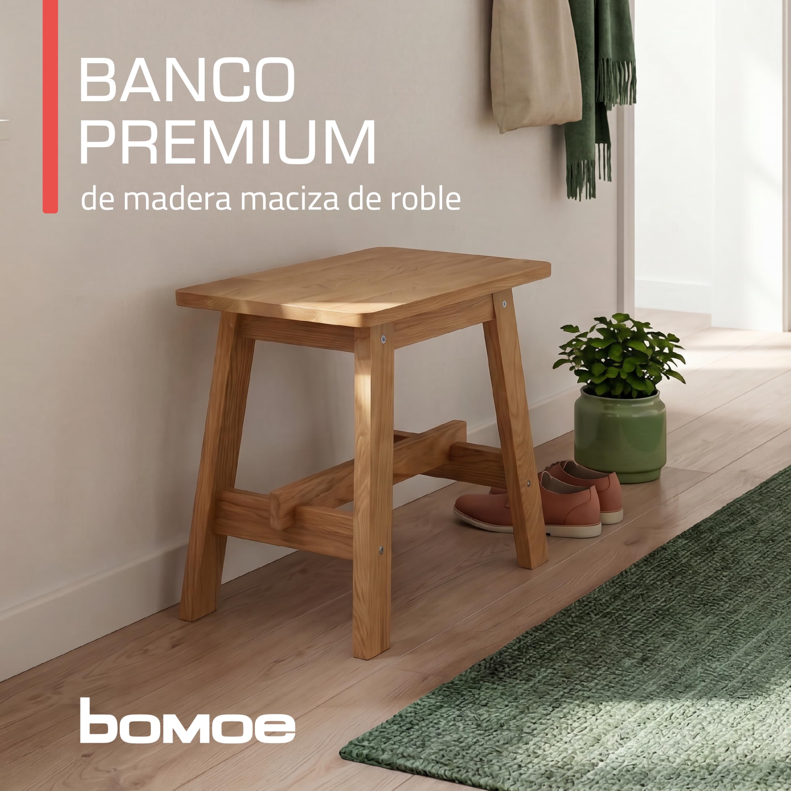 bomoe Taburete de Madera Roble Macizo FSC® para Cocina y Baño Estable | 45x29x45cm Duradero para Recibidor Zapatero y Entrada banqueta Bamberg