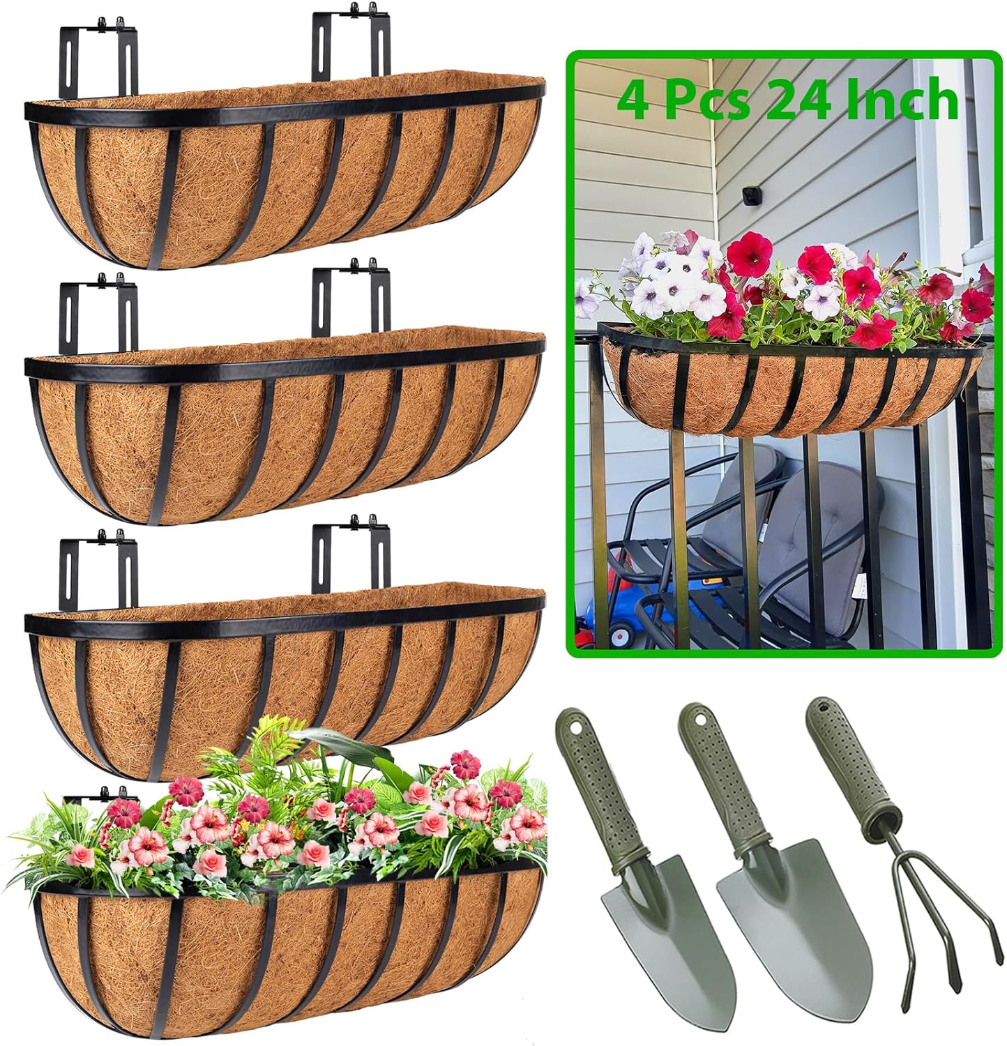 HKZ Deck Balcony Railing Planter Window Boxes - 4 Pack 24 Inch Planter Box, Balcony Planters Railing Hanging, Window Boxes Outdoor Fence Planters
