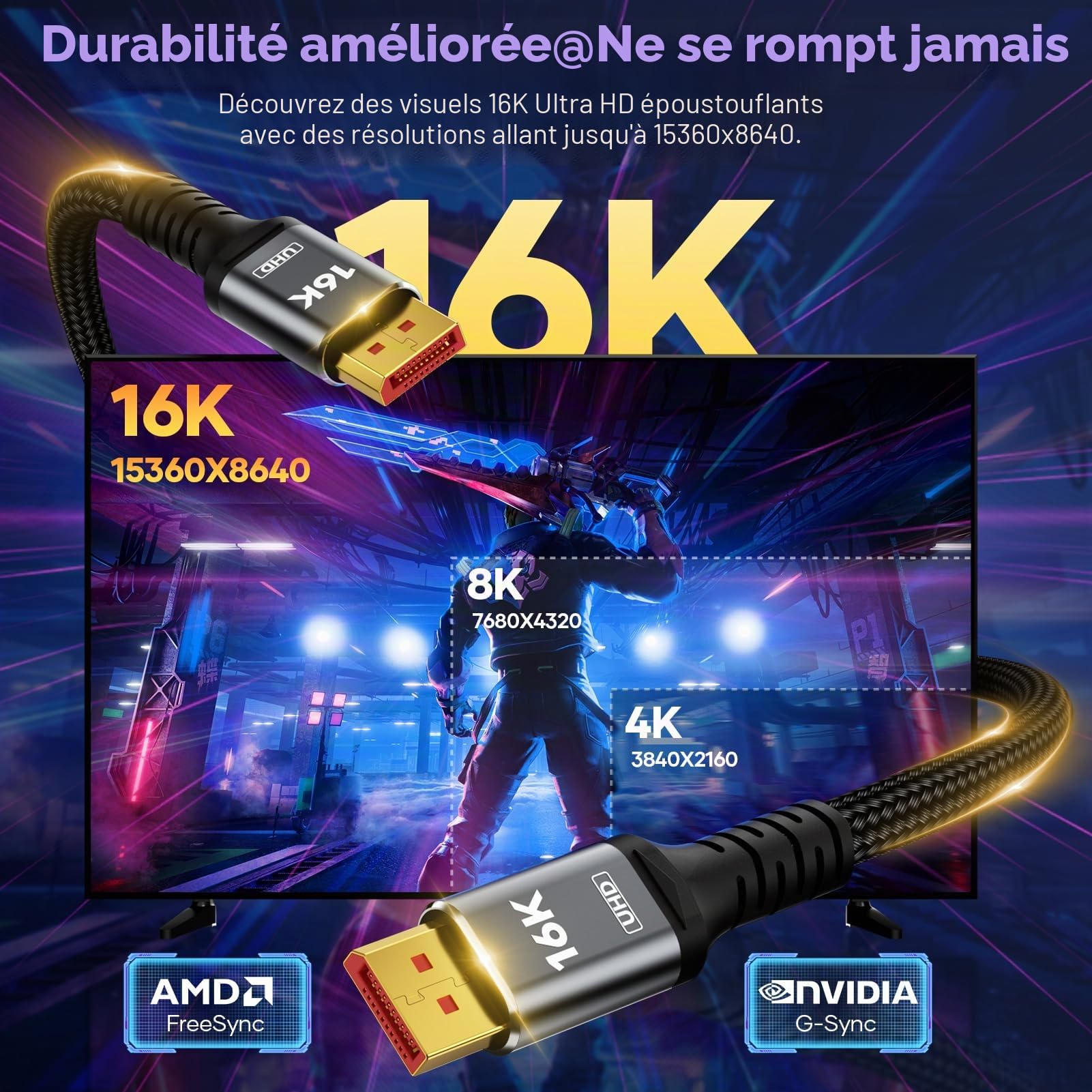 Câble Displayport 2.1 16K certifié VESA DP vers DP 6 m, 16K @ 60 Hz, 8K @ 120 Hz, 4K @ 240 Hz 165 Hz 144 Hz Prend en charge HDR 80 Gbit/s, HDCP DSC 1.2a, compatible FreeSync G-Sync Gaming Monitor 4090