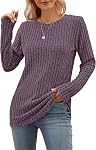 WNEEDU Long Sleeve Loose Pullover Sweater for Women Casual Tunic Tops | Long Sleeve Shirts for Women Crewneck Ribbed Long Tunic Sweater for Women Lightweight Ladies Tops