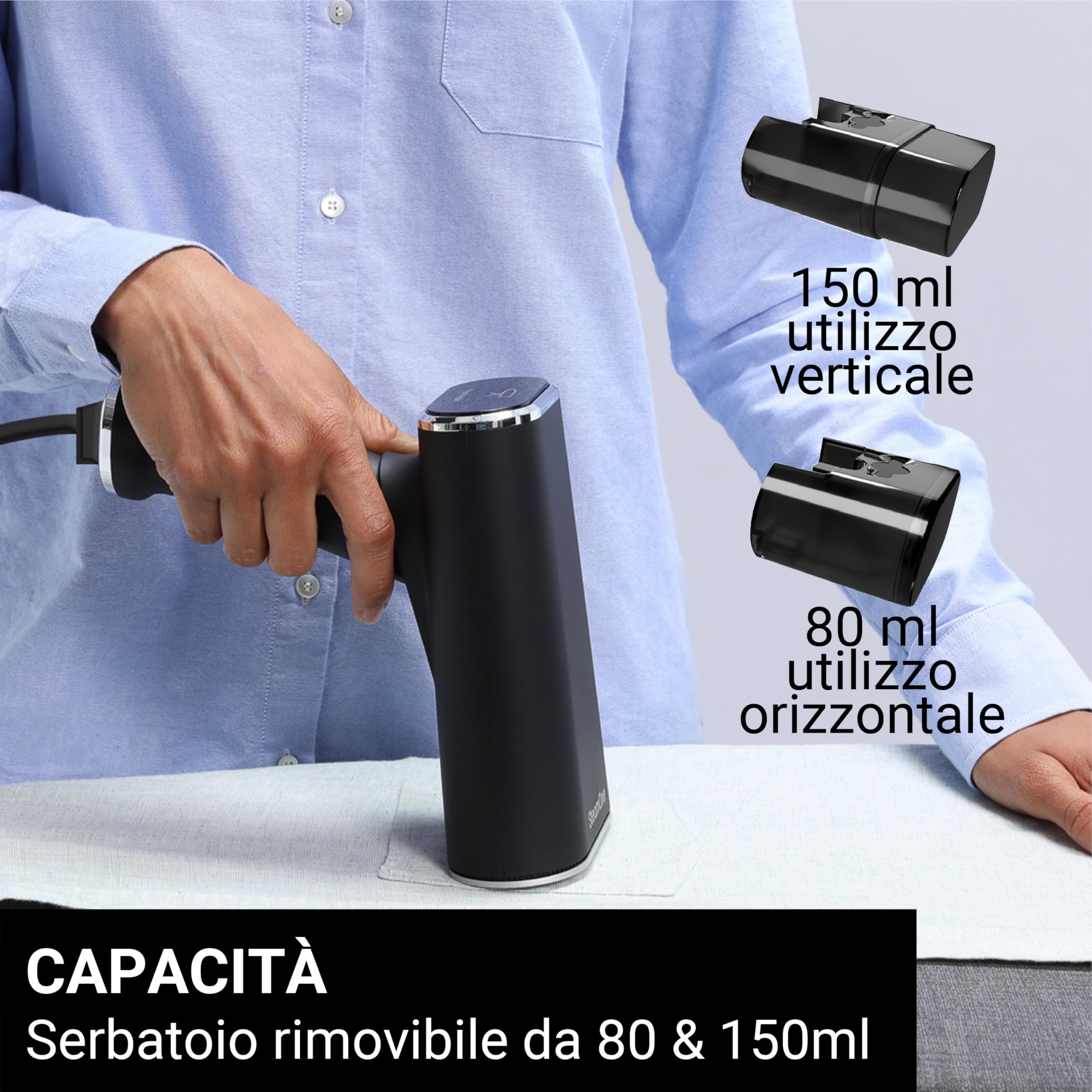 STEAMONE - Steamer Ferro da Stiro 2000 W 35 g/min - Ferro portatile - Capacità 80 e 150 ml- Elimine 99,99% di impurità - Pronto in 15s - Formato compatto - EUFD80BV2