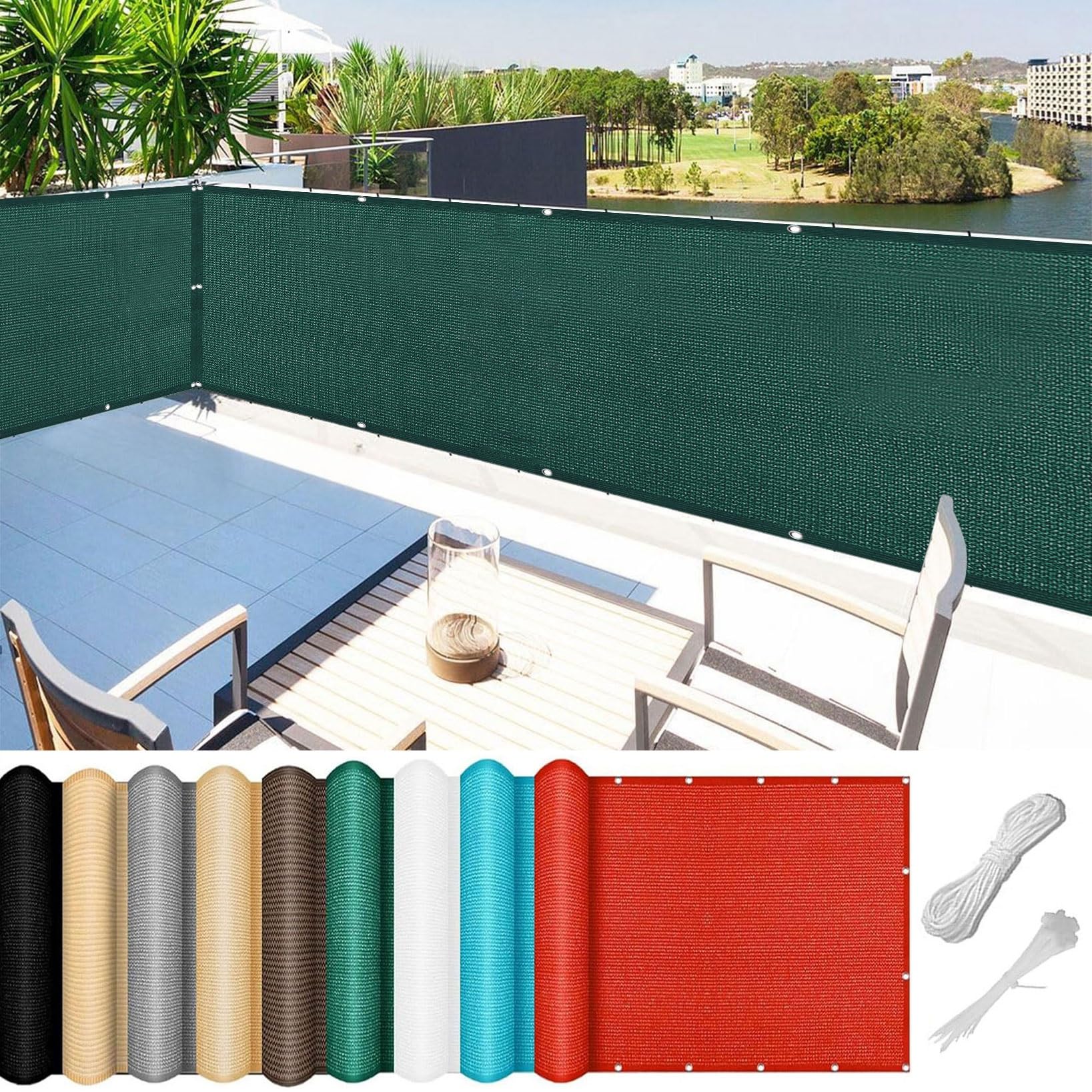 Balcony Privacy Screen Cover 35 x 120 cm Weatherproof UV Protection HDPE Fabric Garden Fence No Drilling, with Rope and Eyelets for Deck, Backyard, Patio, Balcony, Dark Green