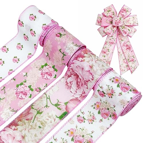 Pink Floral Ribbon with Wire, Vintage Rose Wired Ribbon for