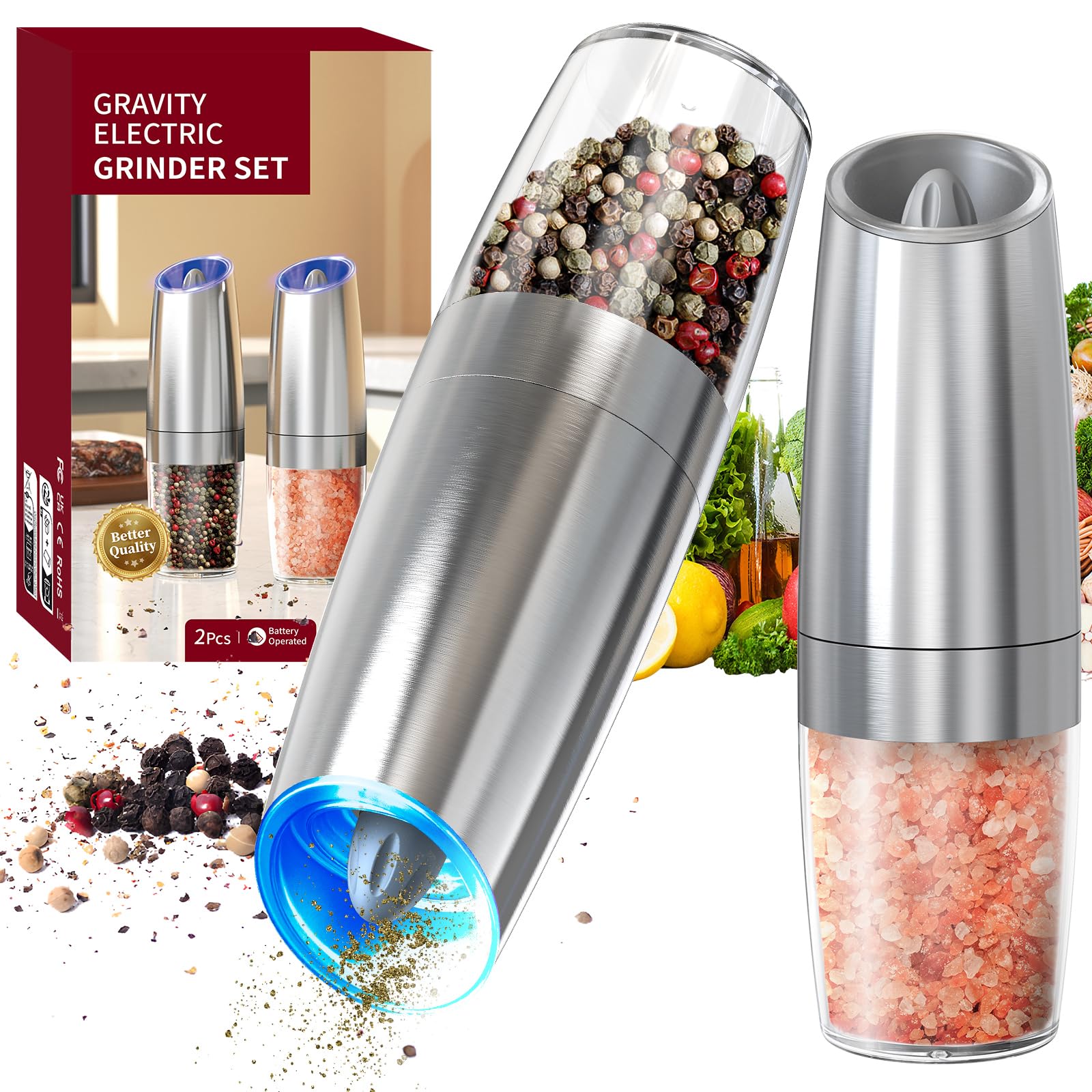 CIRCLE JOY Gravity Electric Salt and Pepper Grinder Set Stainless Steel Automatic Salt and Pepper Grinder Set, Battery Operated, LED Light, Adjustable Coarseness, for Home Kitchen BBQ, Silver