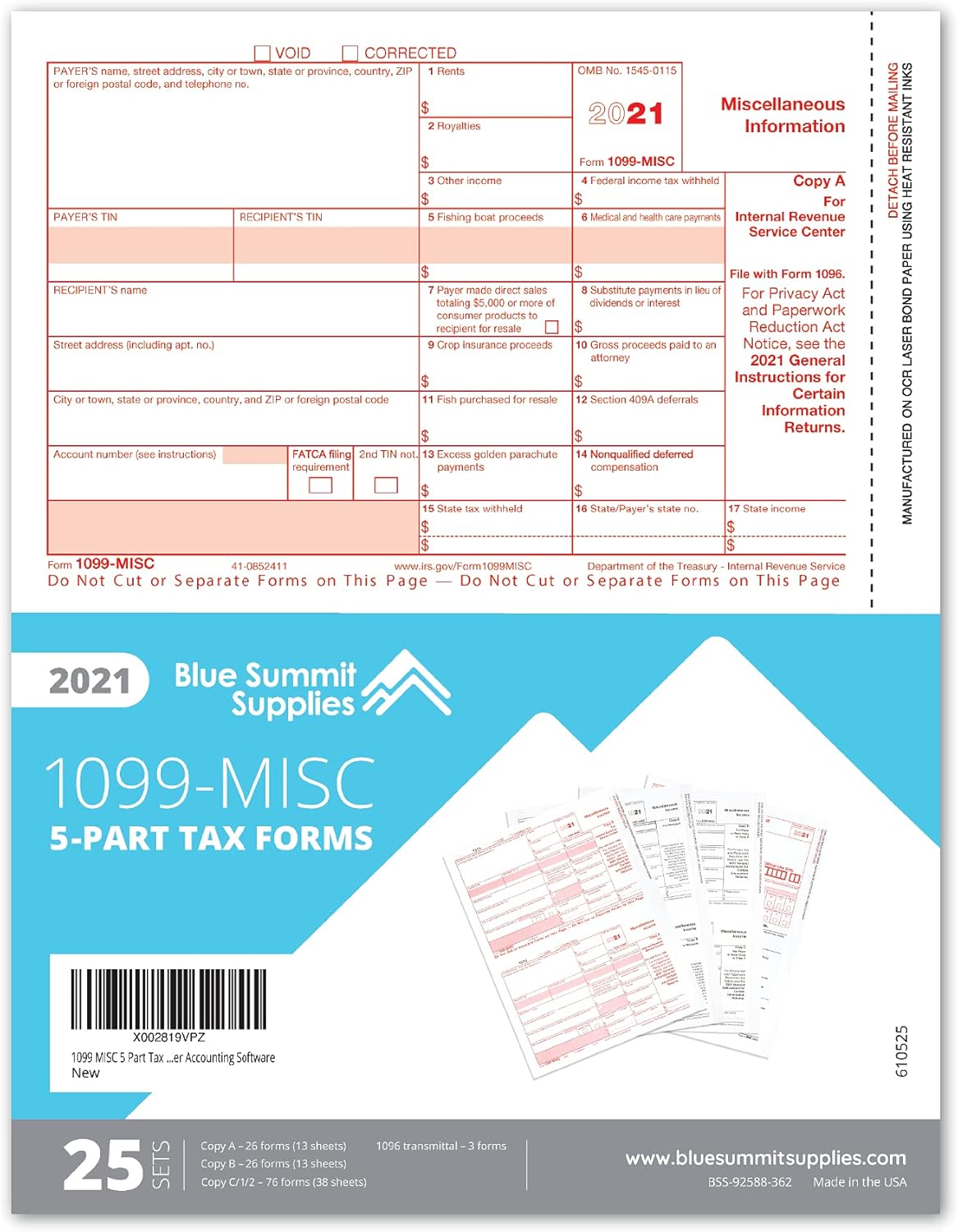 1099 MISC Forms 2021, 5 Part Tax Forms Kit, 25 Vendor Kit of Laser Forms Designed for QuickBooks and Accounting Software : Office Products