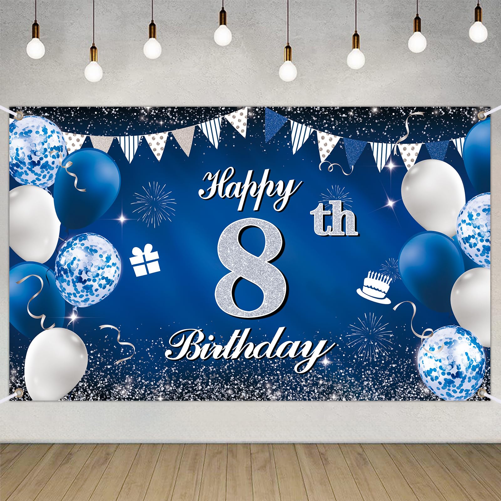 Happy 8th Birthday Decorations Blue Birthday Banner for Party Backdrop for Men Women Party Decoration Supplies