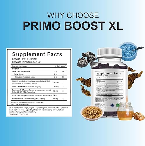Miniatura 2 de BLUE VIBE Paquete de 3 gomitas Primo Boost XL, suplemento PrimoBoostXL de rendimiento diario Shilajit y miel de manuka, suplemento de apoyo avanzado
