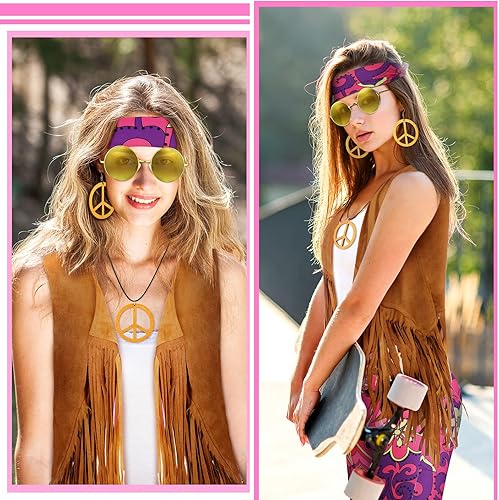 Miniatura 6 de Haull Conjunto de 7 piezas de disfraz hippie de discoteca de los años 60 y 70 para mujer, conjunto de disfraz de Halloween, pantalones bohemios,