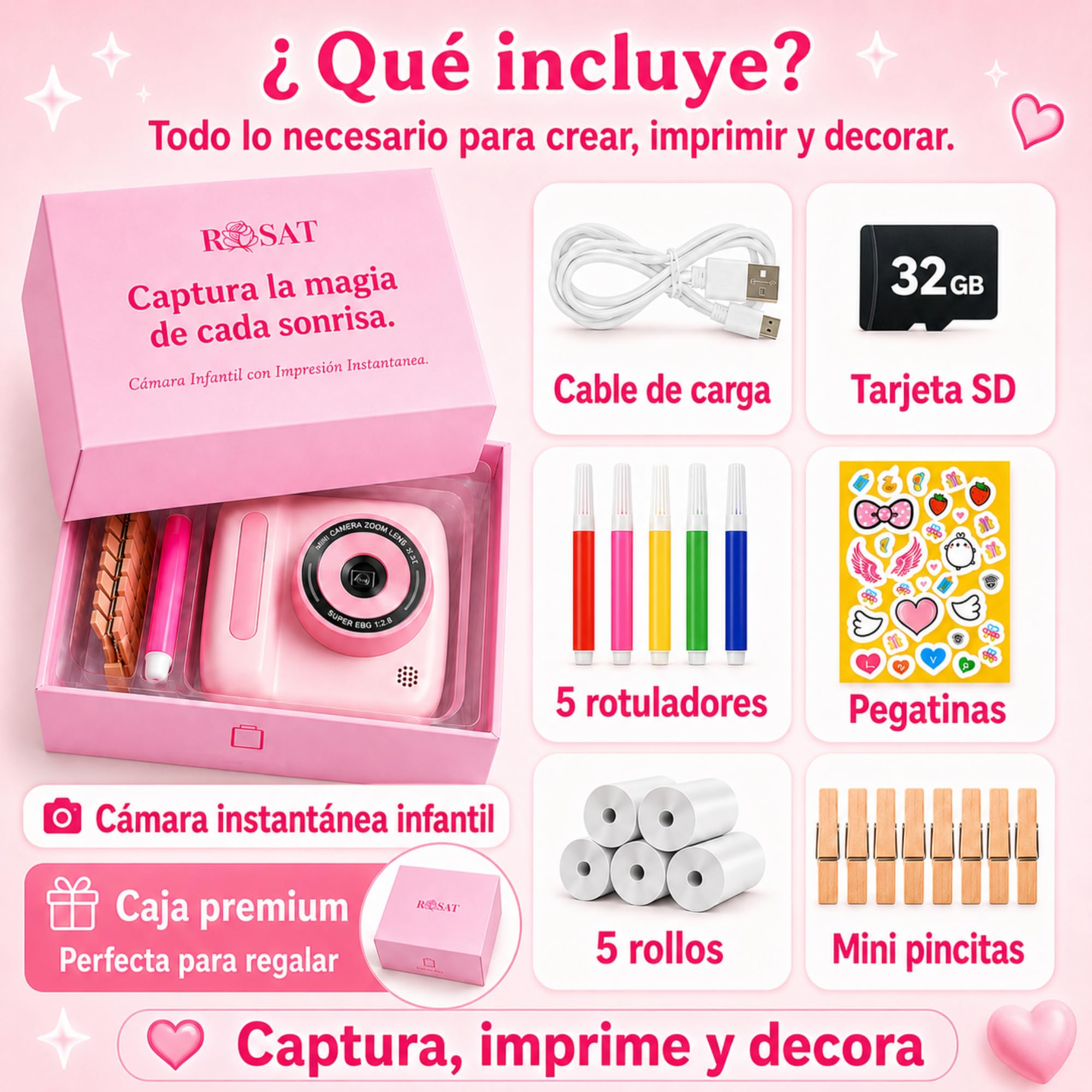 Cámara Fotos Infantil Instantánea para Niños y Niñas 3-12 Años - Imprime +50 Fotos Seguidas sin Sobrecalentarse - Graba Vídeo - Sin Juegos - SD 32GB + 5 Rollos Térmicos - Caja Regalo Premium