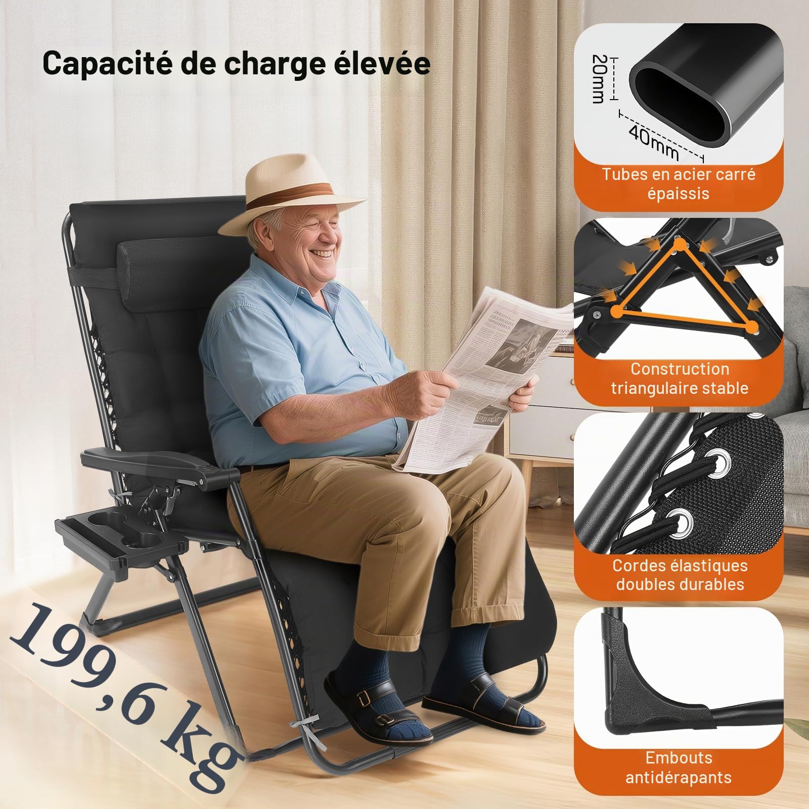 Chaise longue de jardin 2 en 1 pour l'extérieur, réglable de 90° à 170°, pliable, capacité jusqu'à 200 kg, coussin amovible, jardin/camping (83 cm noir)