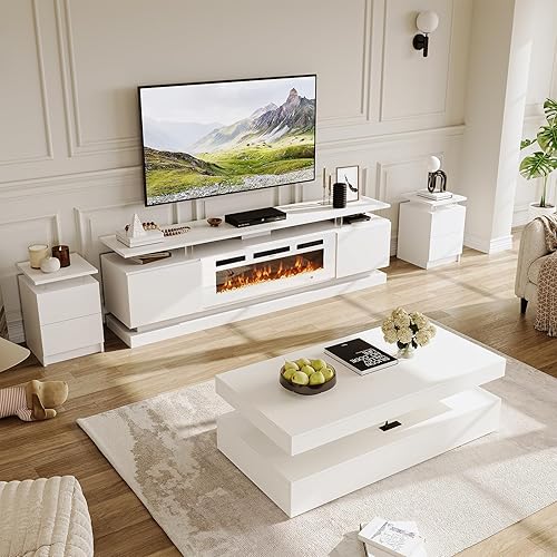 Miniatura 14 de Juego de Mesa Moderna de 4 Piezas para Sala de Estar, Incluye Soporte de TV para Chimenea de Alto Brillo de 70", Mesa de Centro LED y Juego de 2