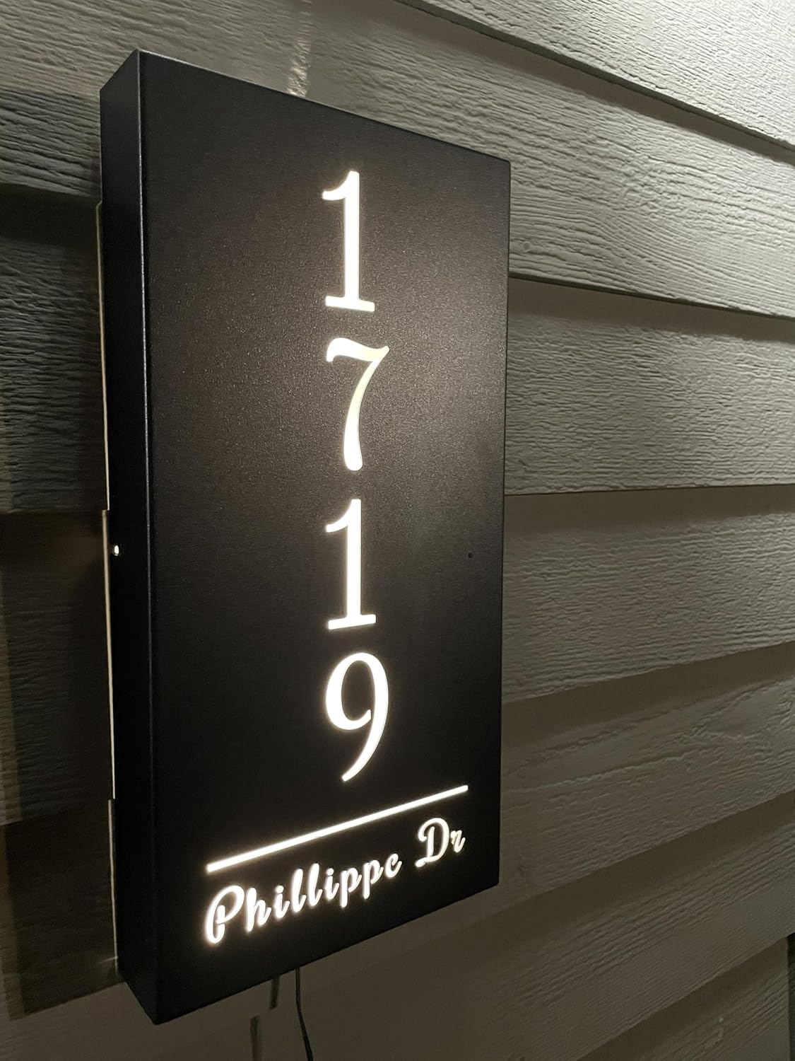 Sassy Squirrel Ink Personalized Illuminated Aluminum House Sign - Integrated Lighting - Dawn to Dusk Sensor - Street Address Numbers - Reflective - Optional Solar Panel Add-On - Black - Vertical