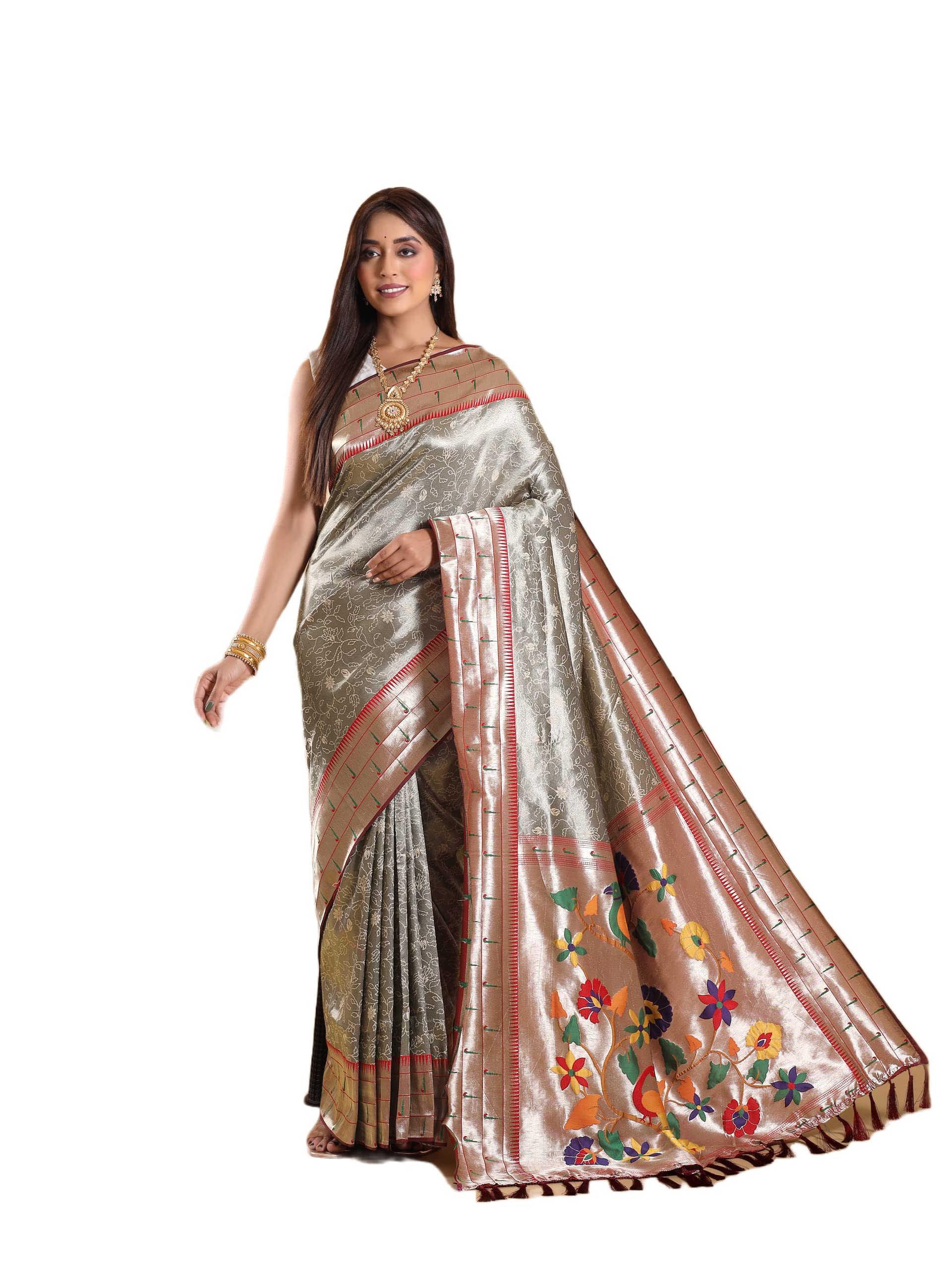 Pandadi SareeWomen's Banarasi Paithani Silk Saree with Unsewn Blouse