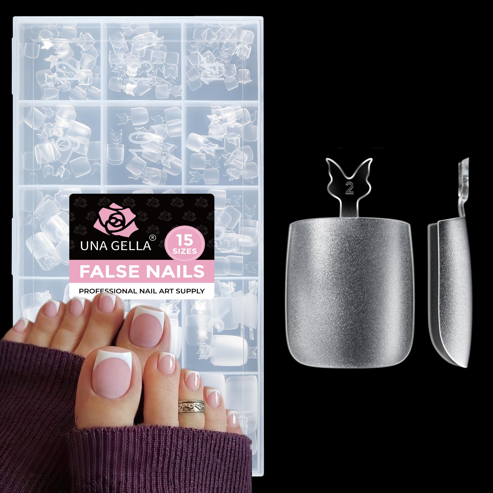 UNA GELLA Amerikanische quadratische Zehennägel, 216 Stück, 15 Größen, weiches Gel, selbstklebend für Pediküre und DIY Extensions